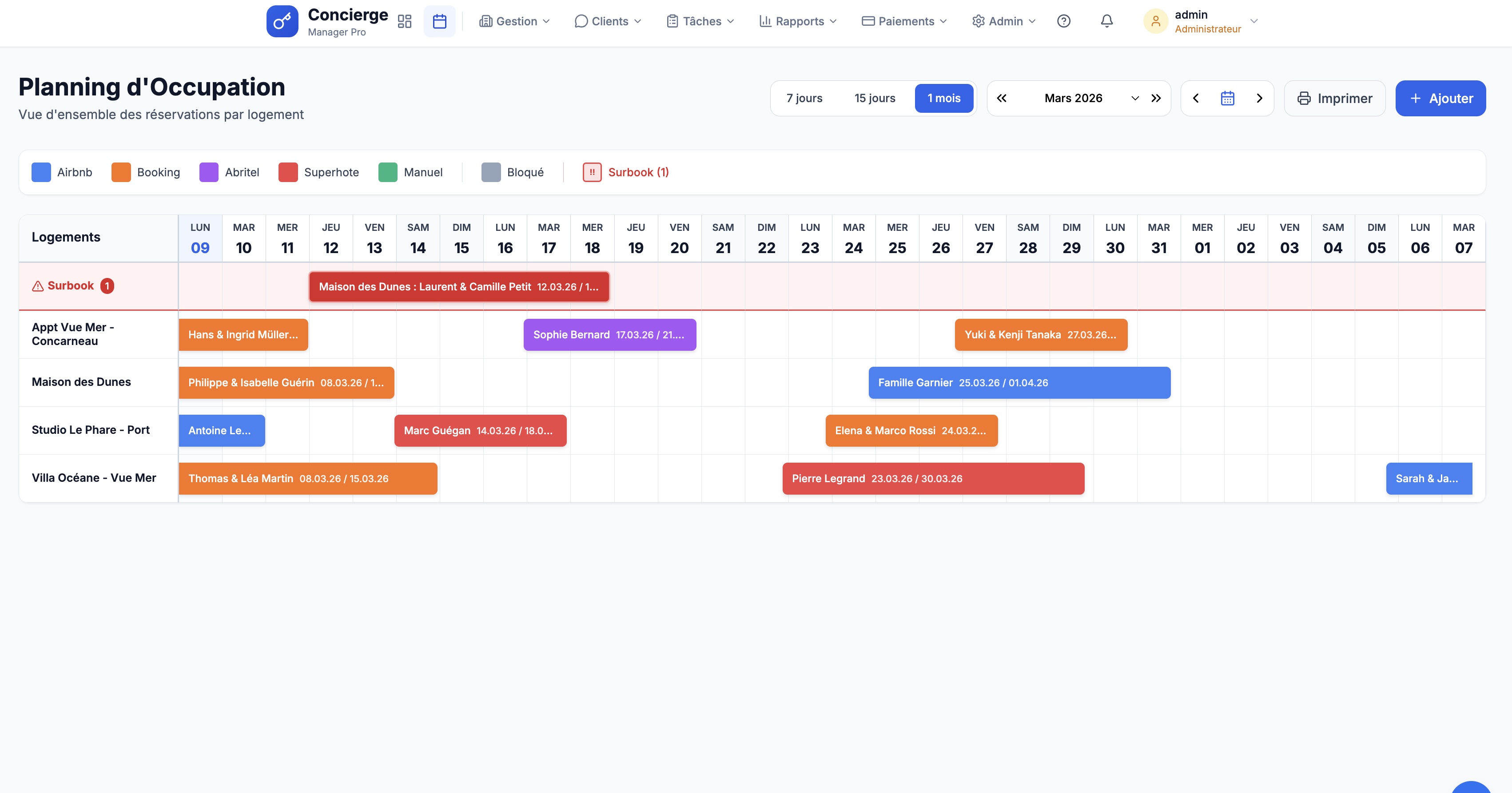Interface Easy Concierge - PMS Conciergerie