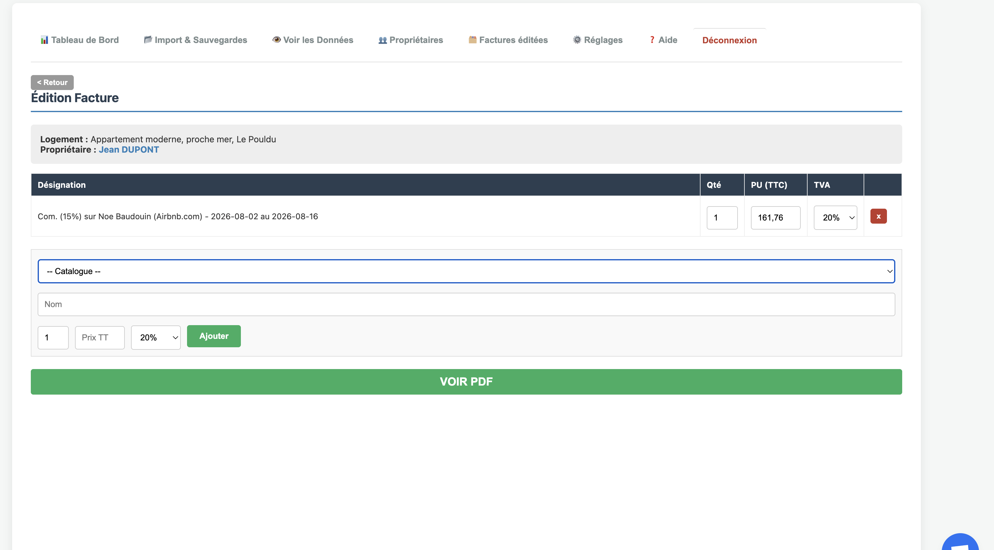 Interface de facturation automatisée pour conciergerie