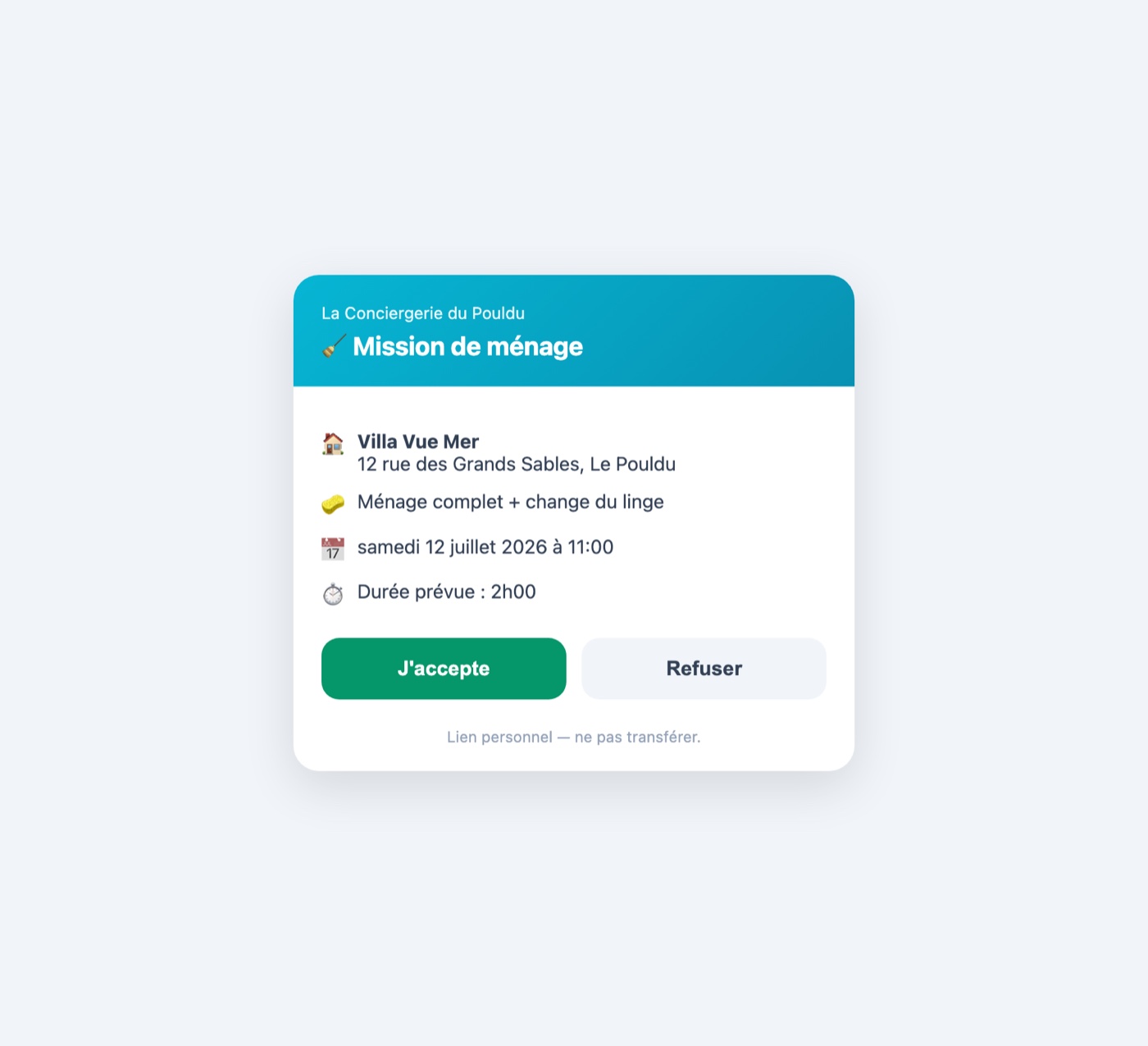 Proposition de mission reçue par un prestataire (SMS et push) : il accepte ou refuse en un clic - Easy Concierge