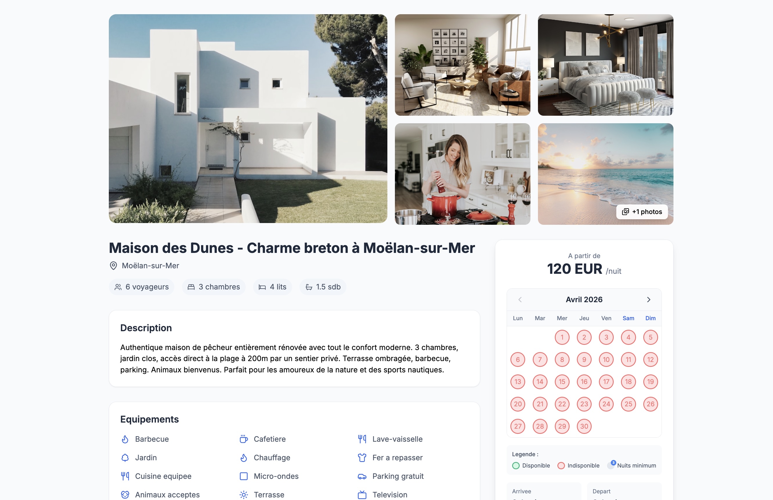 Page logement du moteur de réservation - photos, description, équipements et calendrier de disponibilités