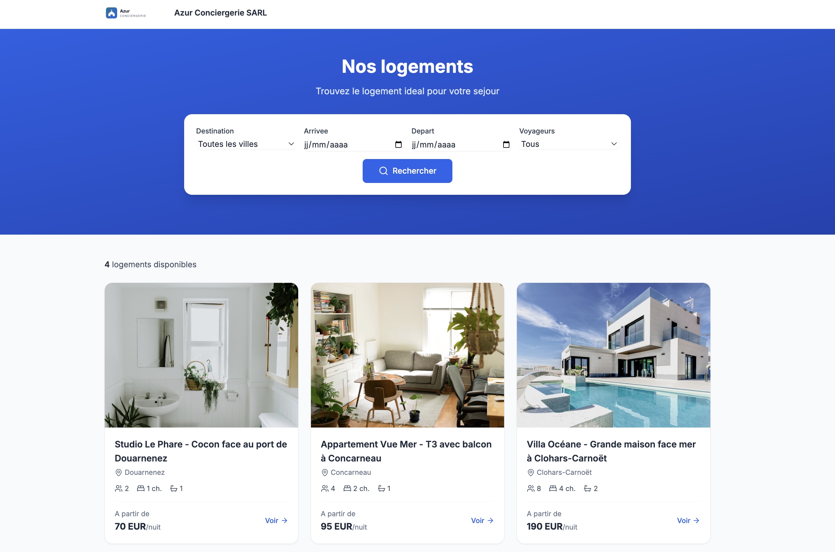 Moteur de réservation Easy Concierge - liste des logements avec recherche par dates et destination