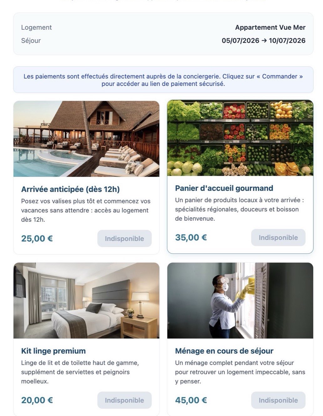 Module Ventes additionnelles d'Easy Concierge : catalogue de prestations, demandes voyageurs, validation en un clic