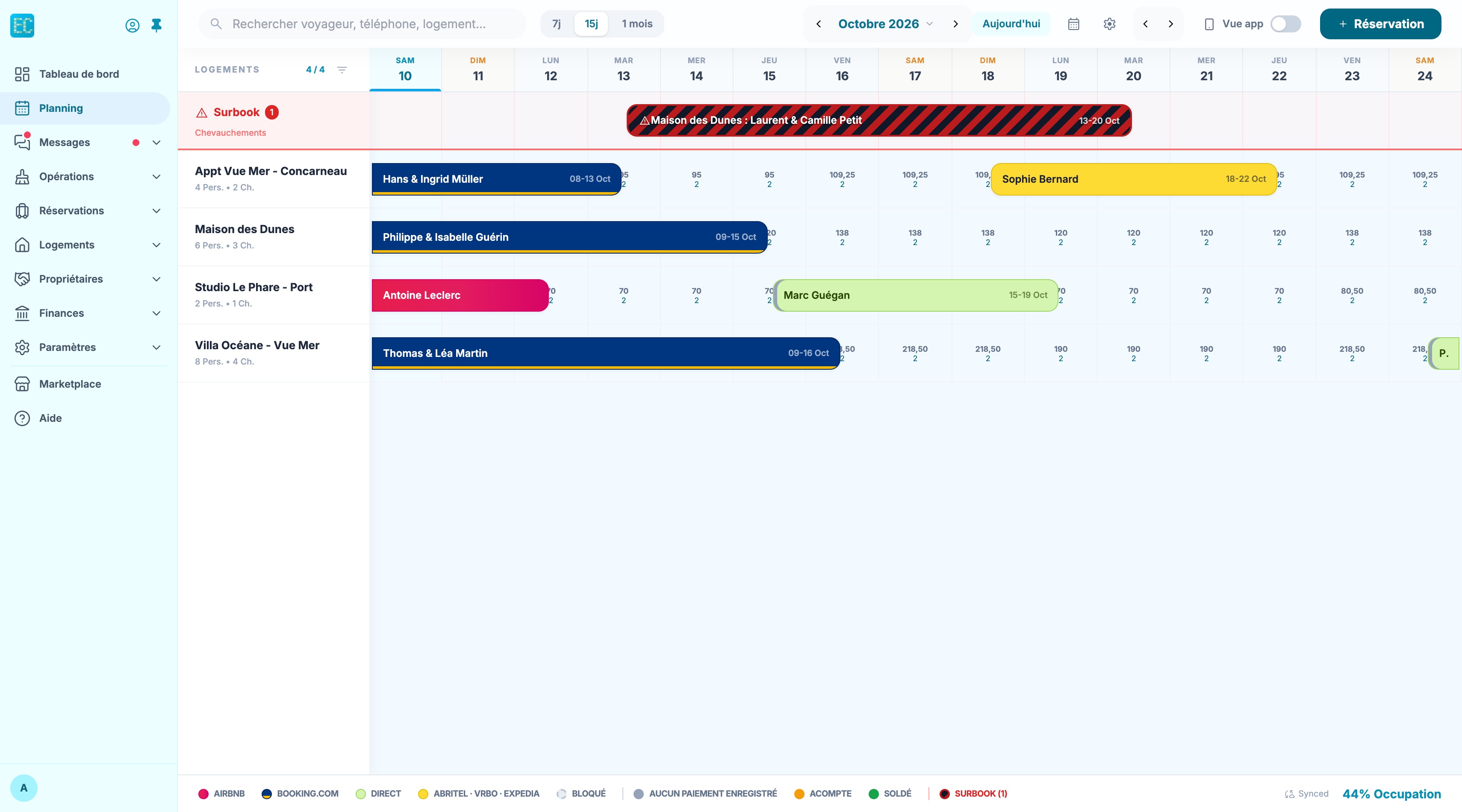 Planning sur 15 jours avec les prix par nuit dans les cases libres
