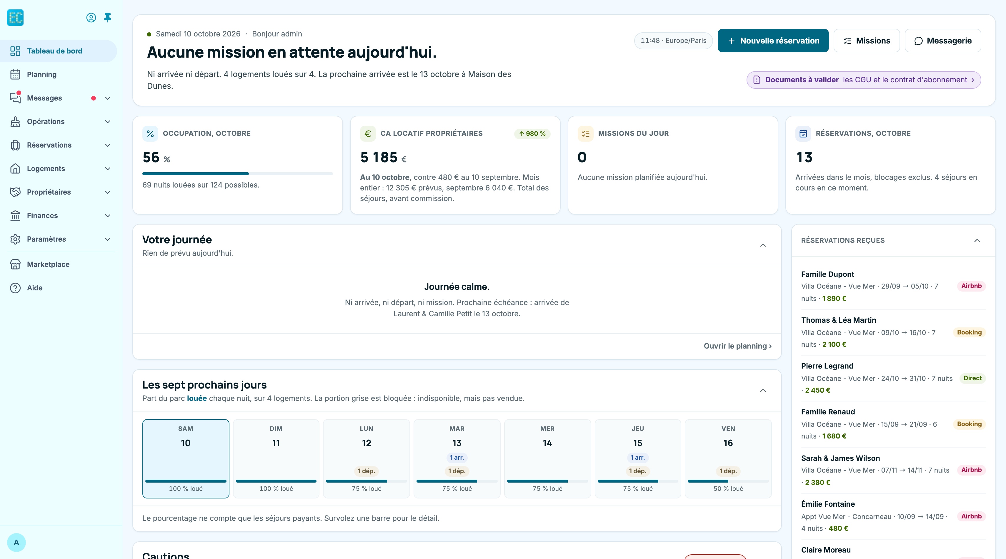 Tableau de bord avec les blocs Réservations reçues et Cautions dépliés
