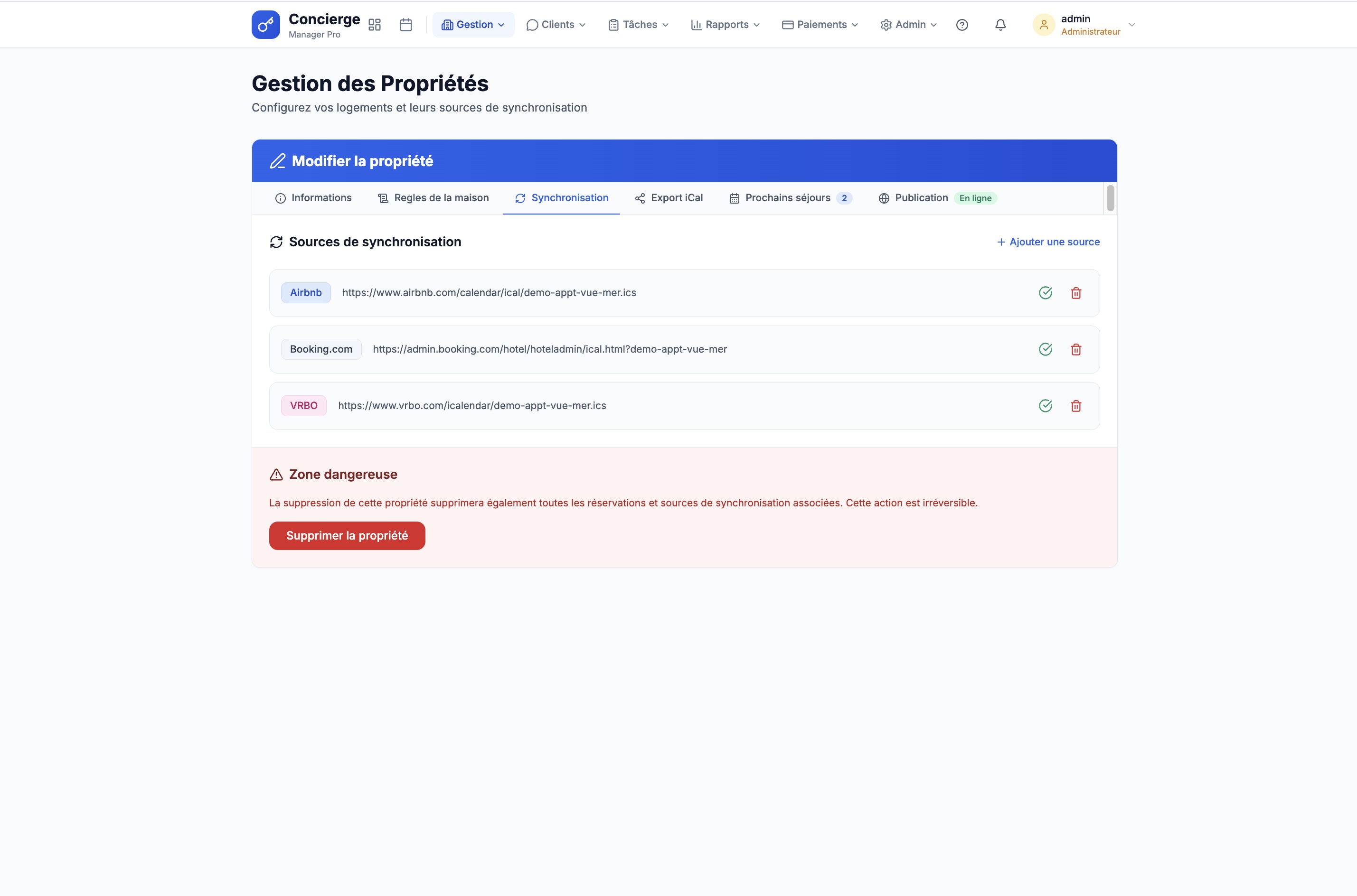 Onglet Synchronisation avec sources iCal (Airbnb, Booking, VRBO)