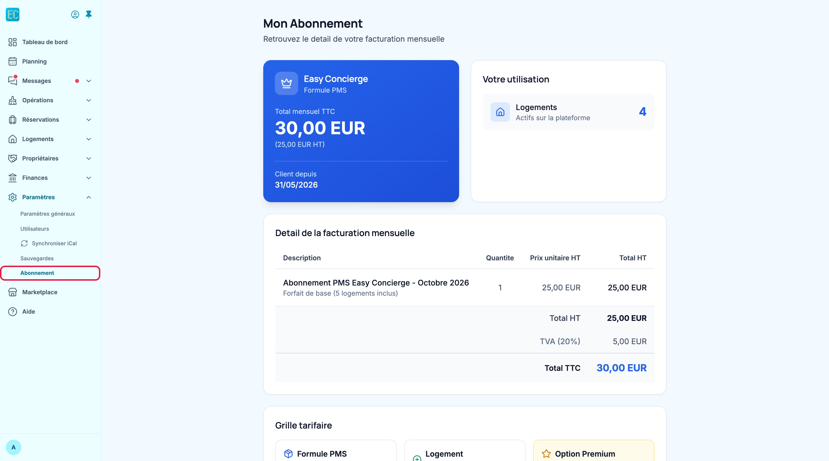 Page Mon Abonnement ouverte depuis l'entrée Abonnement du menu : carte du total mensuel TTC, bloc Votre utilisation avec le nombre de logements, et détail de la facturation mensuelle