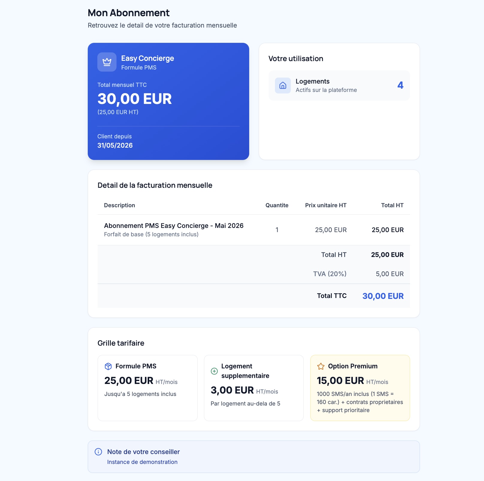 Page Abonnement (détail de facturation)