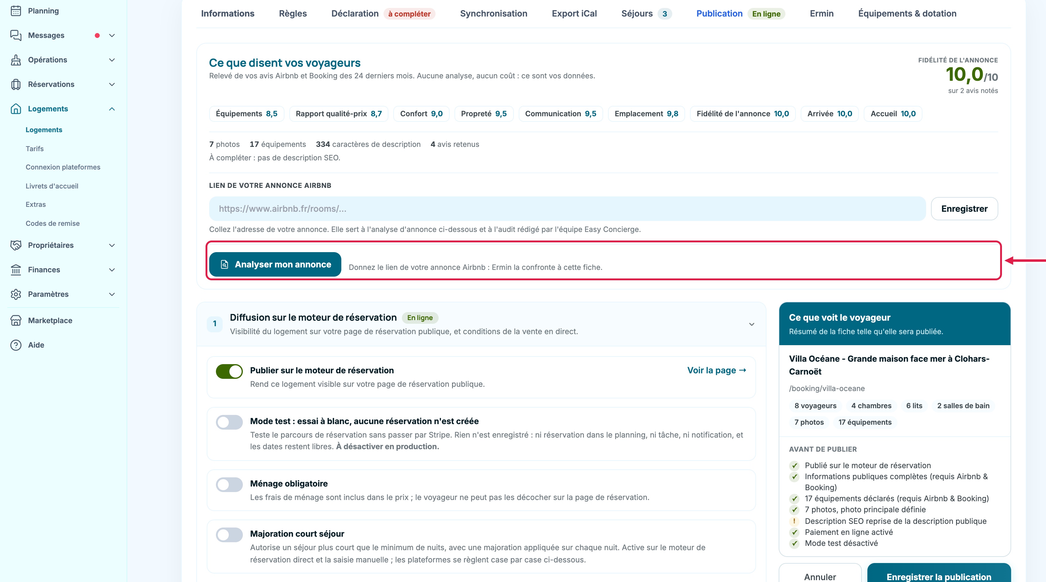 Onglet Publication d'une fiche logement : bandeau « Ce que disent vos voyageurs » avec la fidélité de l'annonce sur 10 et les notes par catégorie, champ « Lien de votre annonce Airbnb », et bouton « Analyser mon annonce » encadré (formules Premium et Business)