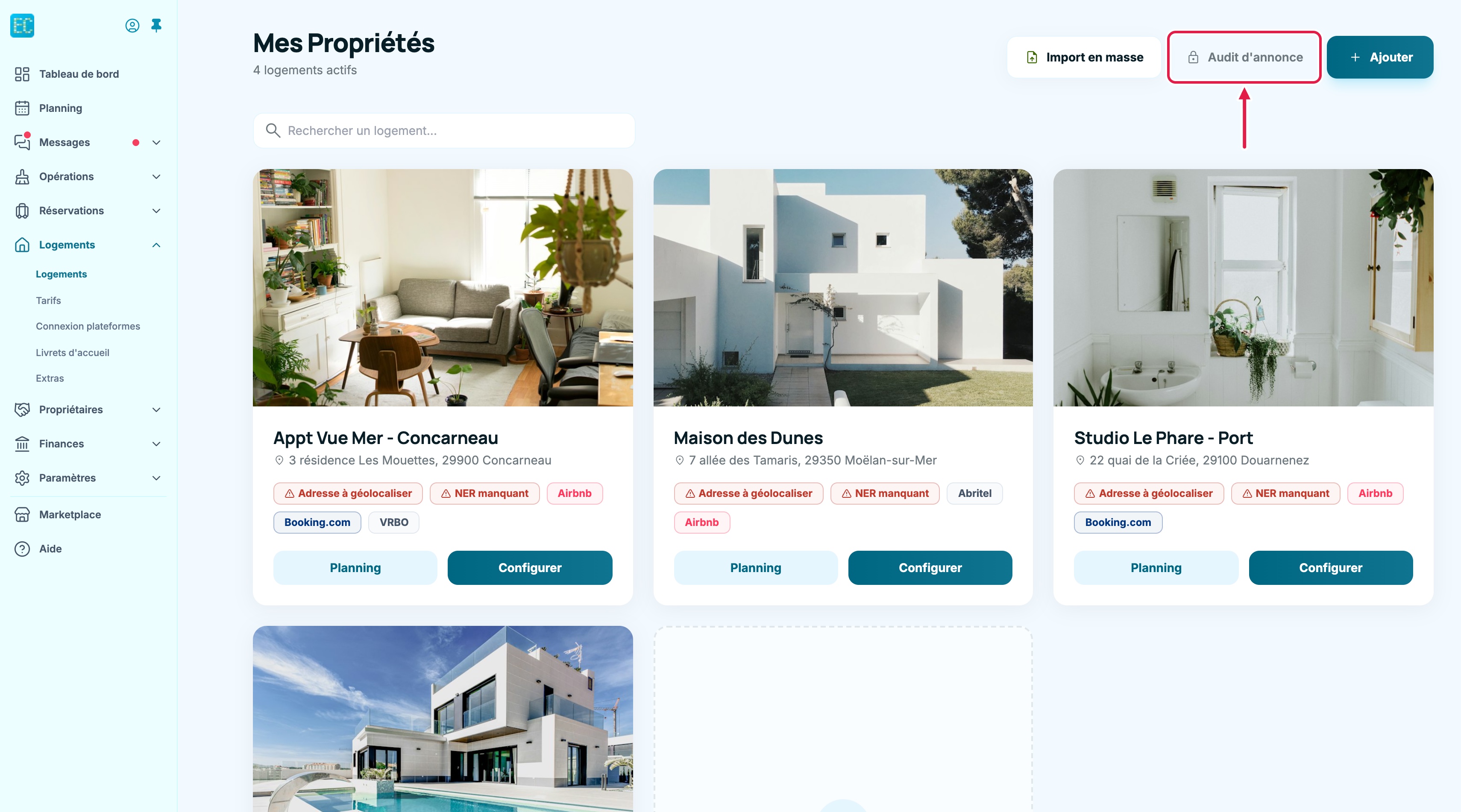 Liste « Mes Propriétés » : le bouton verrouillé « Audit d'annonce » entre « Import en masse » et « Ajouter », affiché sans formule Business