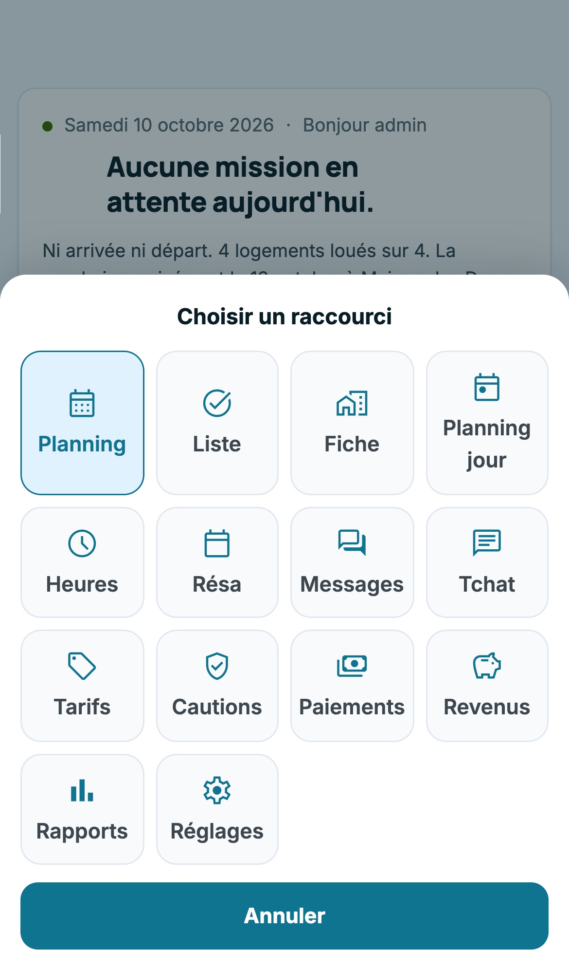 Fenêtre Choisir un raccourci ouverte par un appui long sur un onglet : grille des écrans disponibles et bouton Annuler