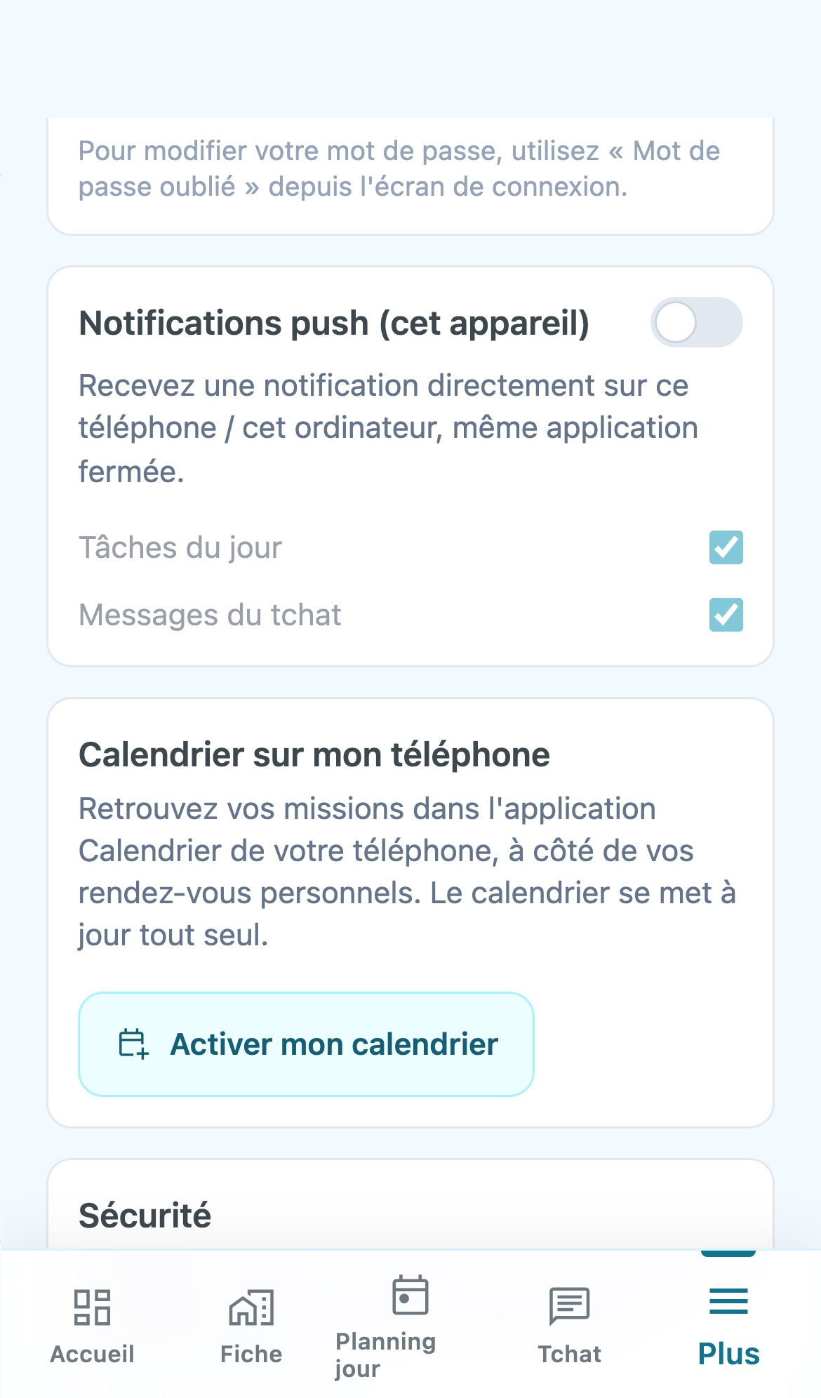 Mon compte d'un prestataire sur téléphone : bloc Notifications push (cet appareil) avec son interrupteur et les cases Tâches du jour et Messages du tchat
