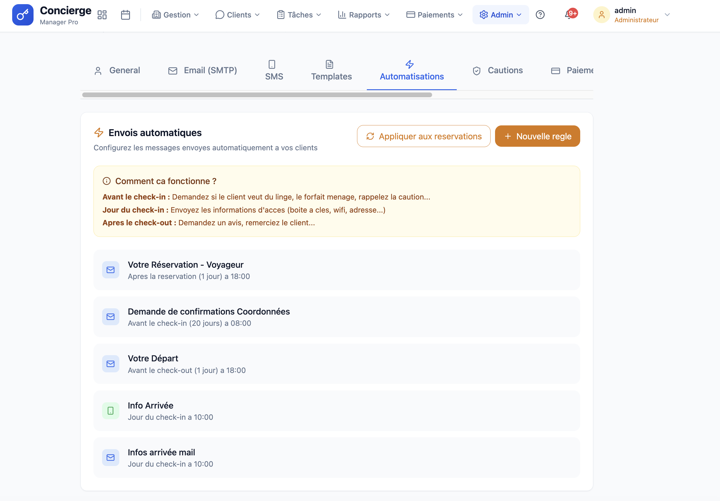 Page des règles d'automatisation avec événements et déclencheurs