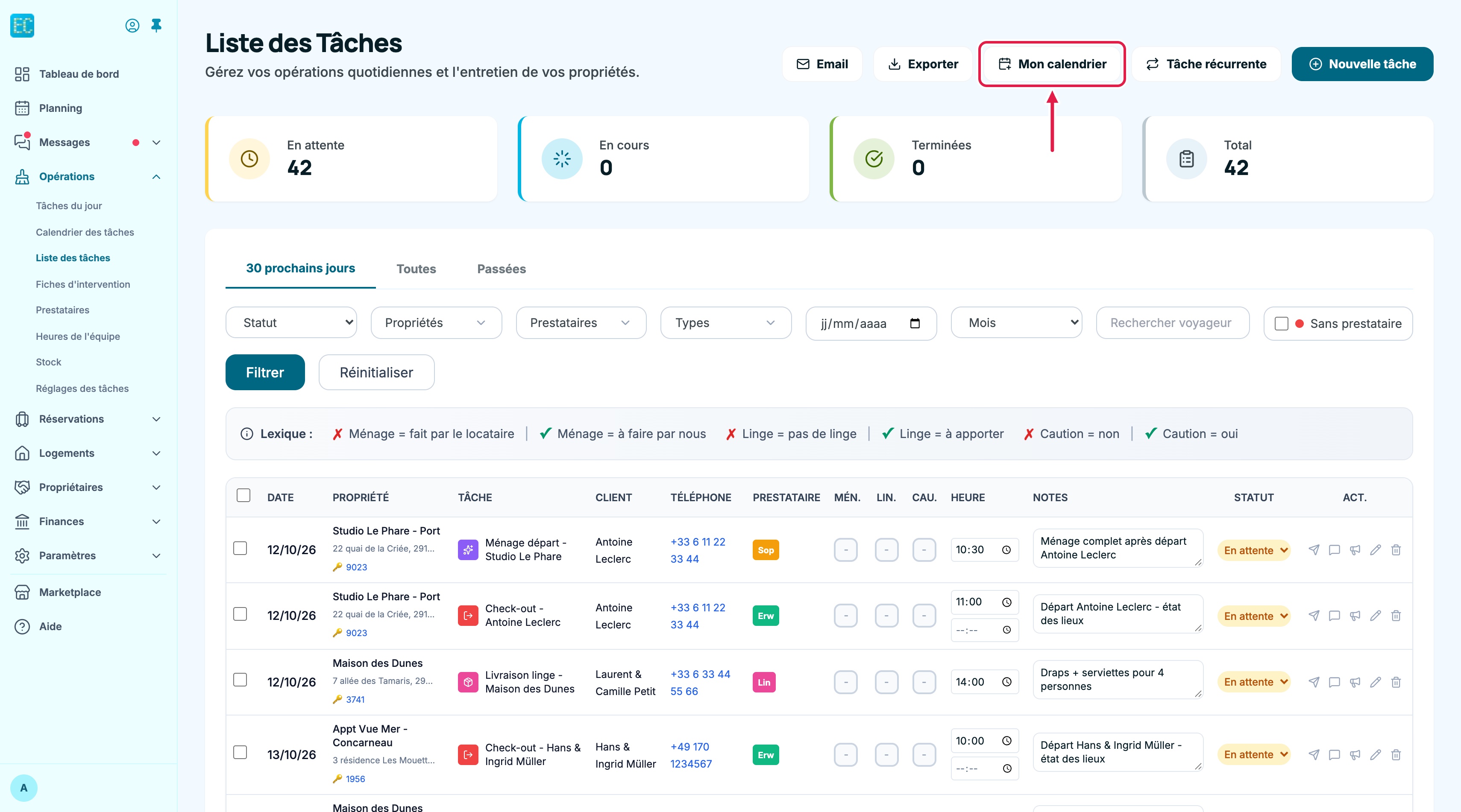 Écran Liste des tâches sur ordinateur : le bouton Mon calendrier, en haut à côté d'Email et Exporter, est encadré