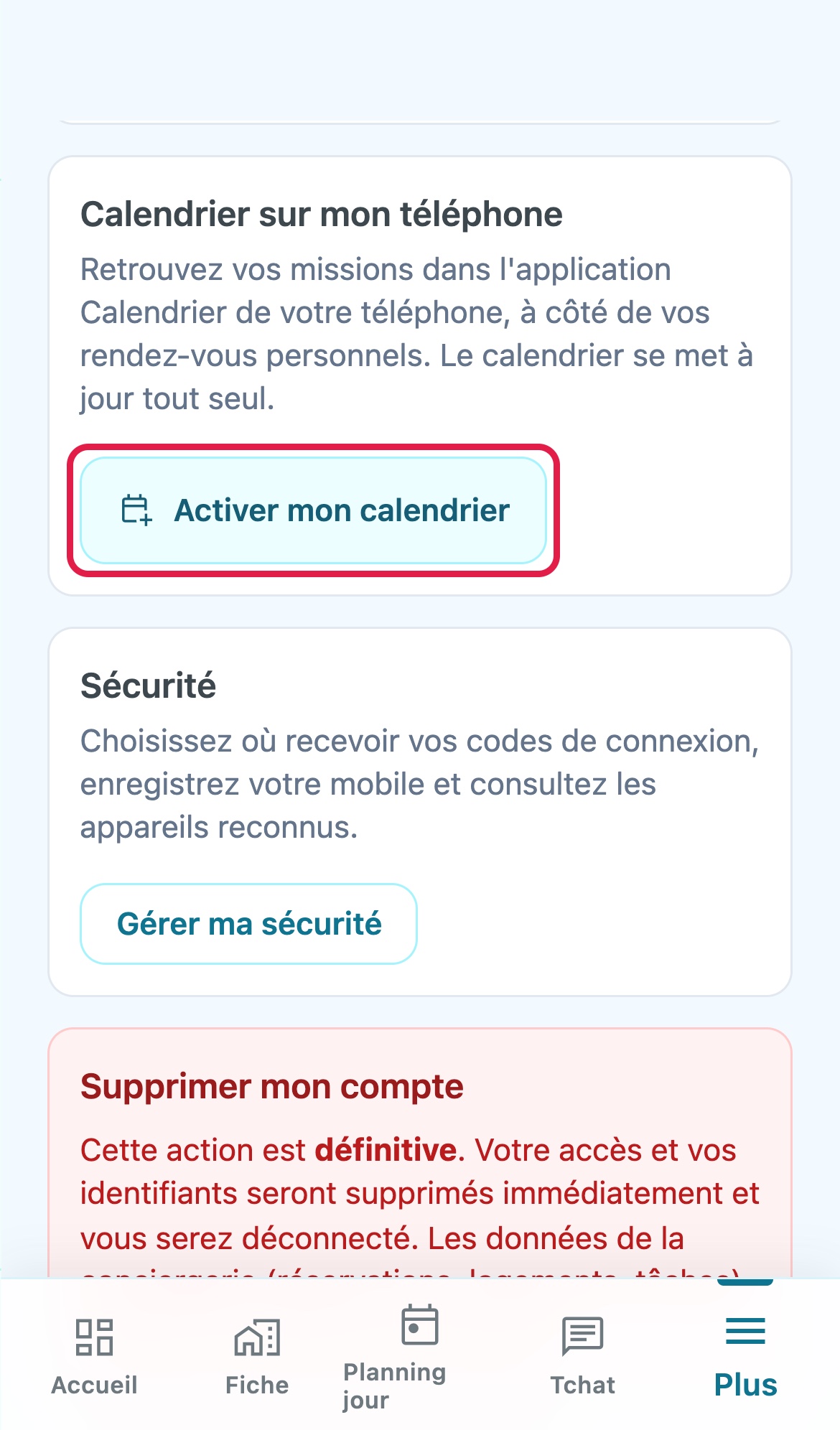 Mon compte sur le téléphone d'un prestataire : le bloc Calendrier sur mon téléphone avec le bouton Activer mon calendrier, encadré
