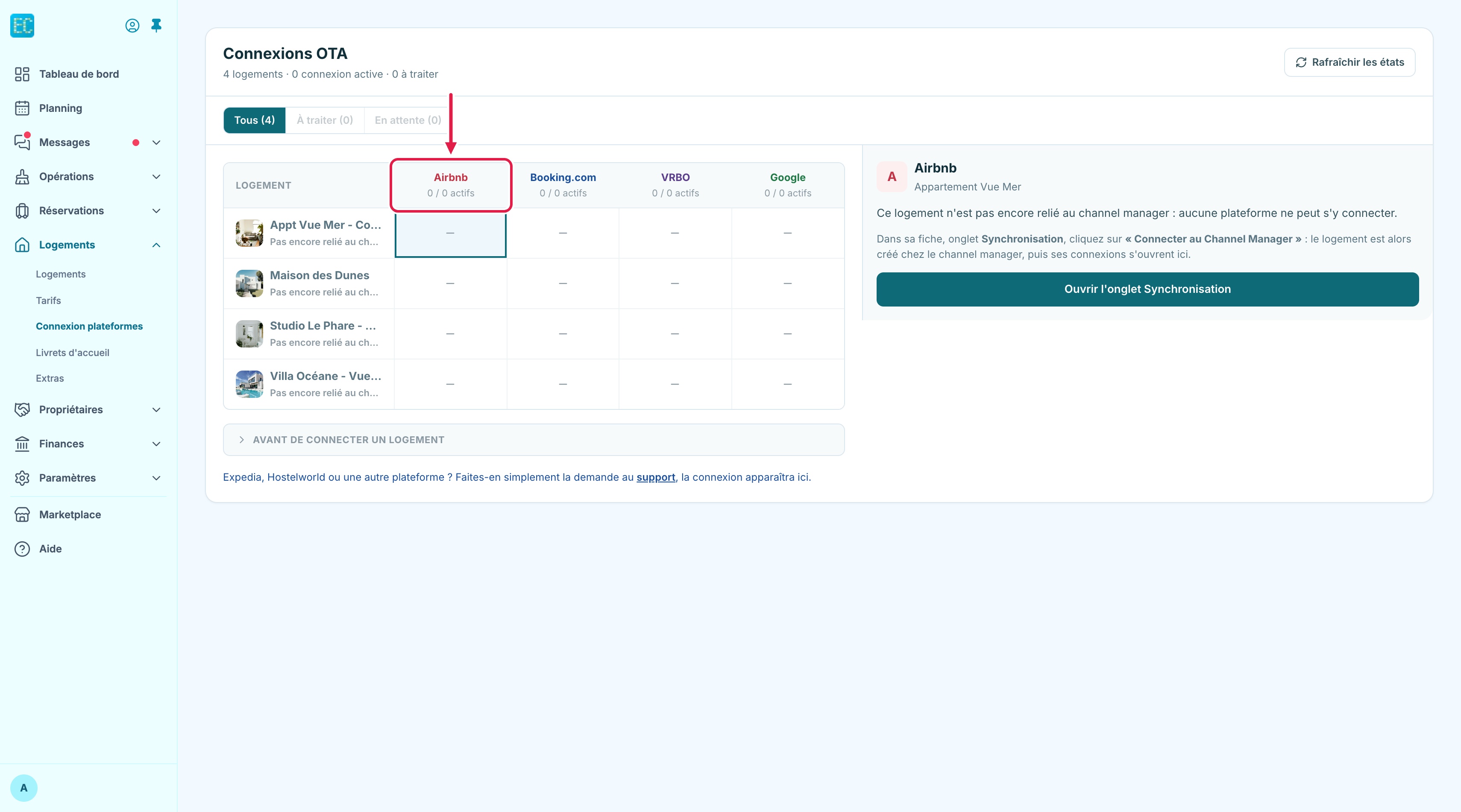 Écran Connexion plateformes : la grille des logements avec les colonnes Airbnb, Booking.com, VRBO et Google, la colonne Airbnb encadrée, et à droite le panneau Airbnb du logement sélectionné, ici pas encore relié au channel manager, avec le bouton Ouvrir l'onglet Synchronisation