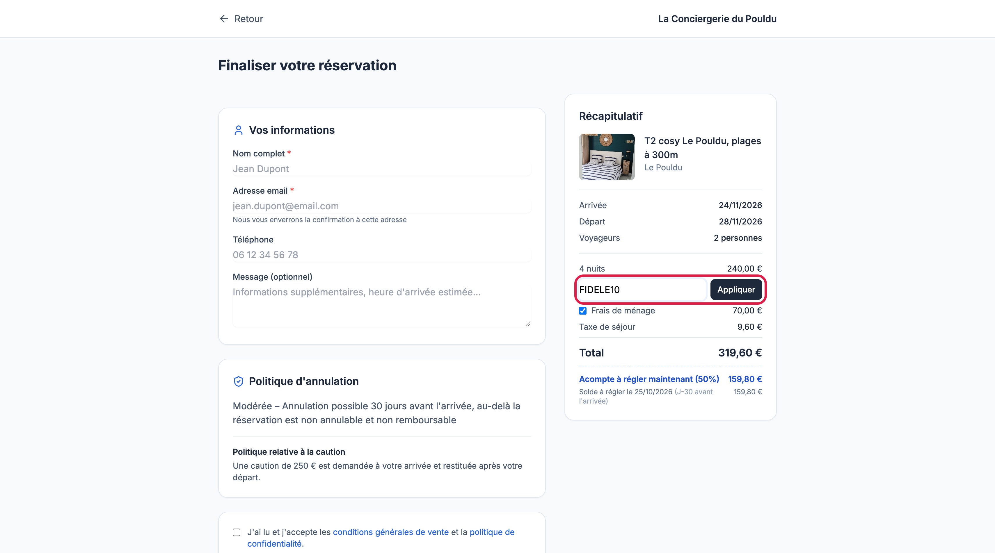 Page de paiement du moteur : dans le récapitulatif, le champ du code de remise, encadré, avec le bouton Appliquer