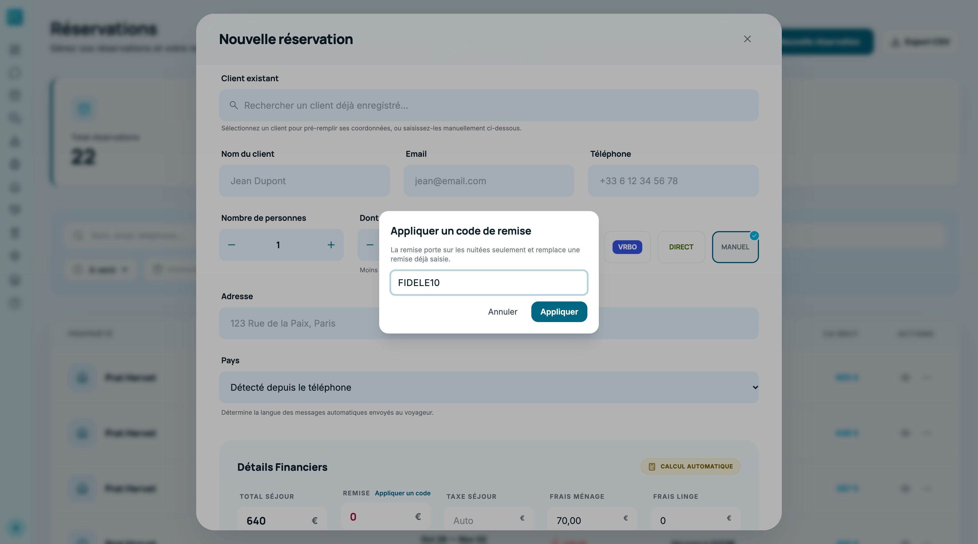 Nouvelle réservation : la petite fenêtre Appliquer un code de remise, code FIDELE10 saisi, au-dessus du formulaire