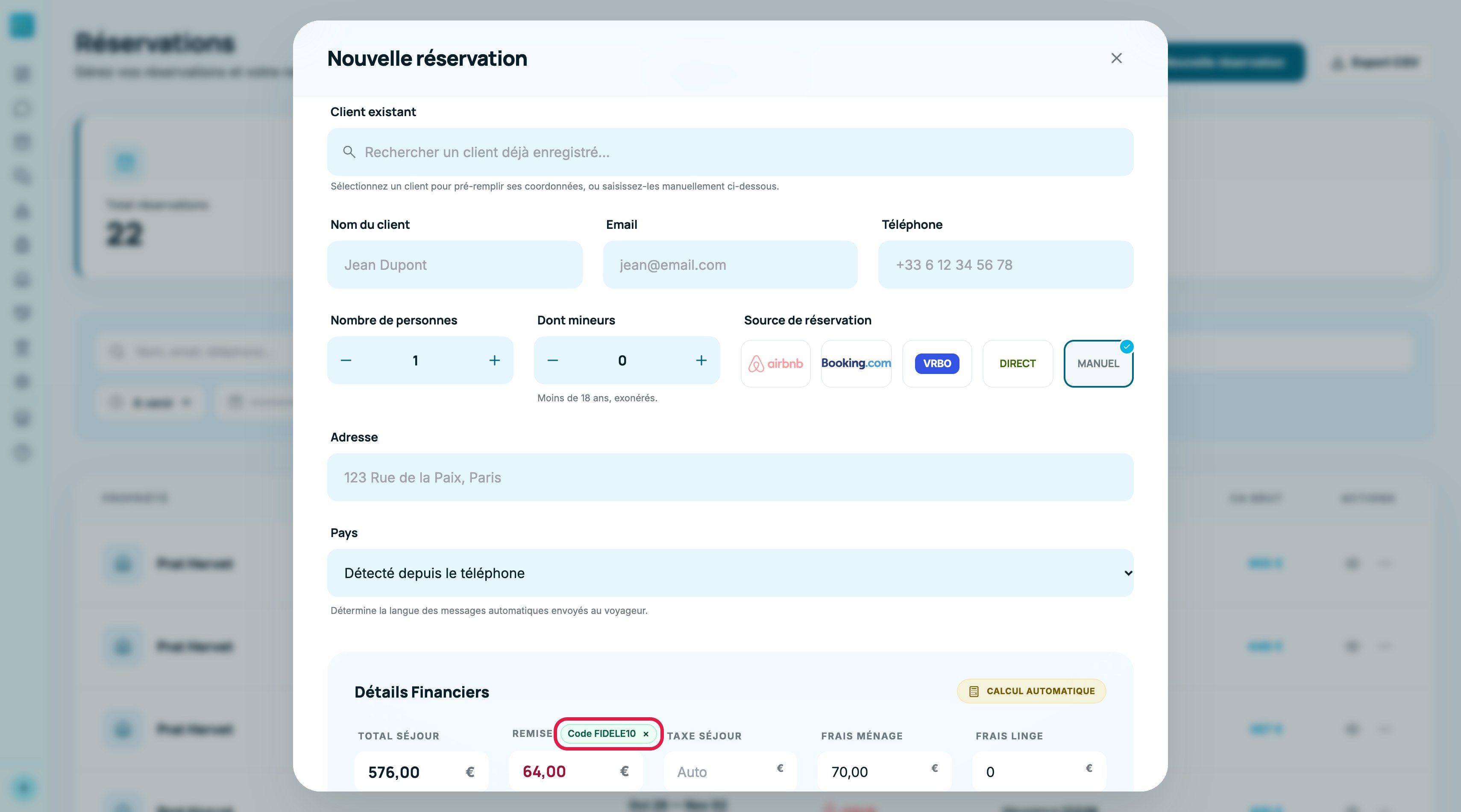 Détails financiers de la nouvelle réservation : pastille « Code FIDELE10 » encadrée à côté du libellé Remise, 64 euros de remise et Total séjour recalculé
