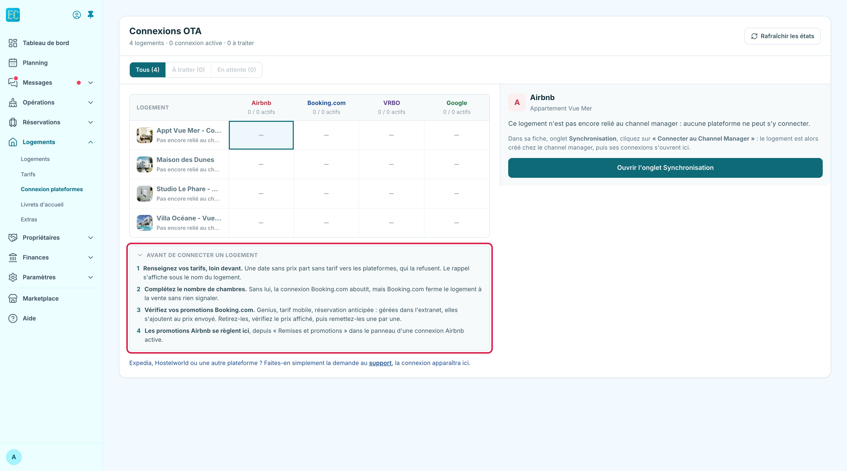 Page Connexion plateformes : résumé en haut, filtres Tous, À traiter et En attente, grille des logements avec les colonnes Airbnb, Booking.com, VRBO et Google, panneau de droite, et encart « Avant de connecter un logement » ouvert et encadré