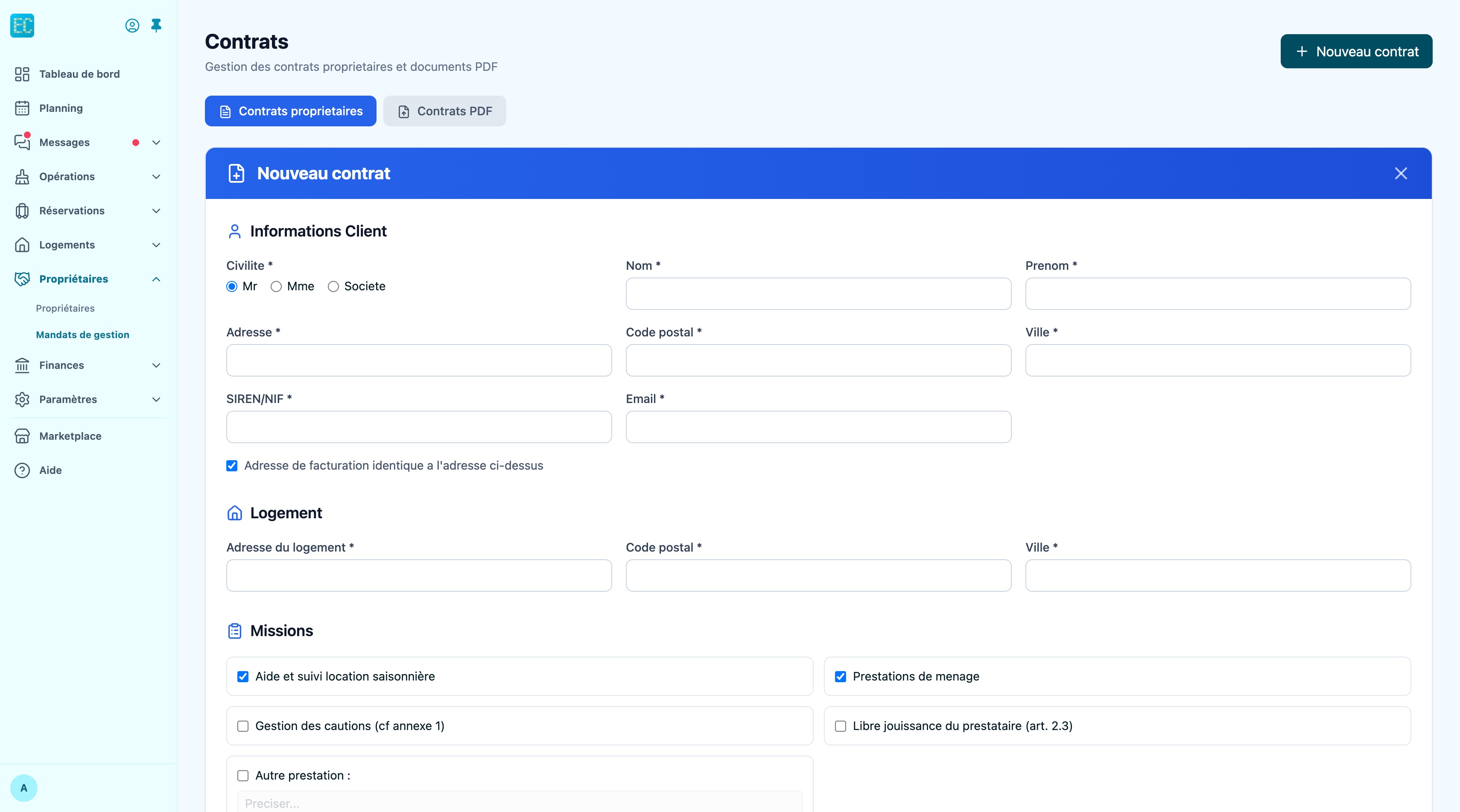 Formulaire Nouveau contrat : informations client, logement et missions