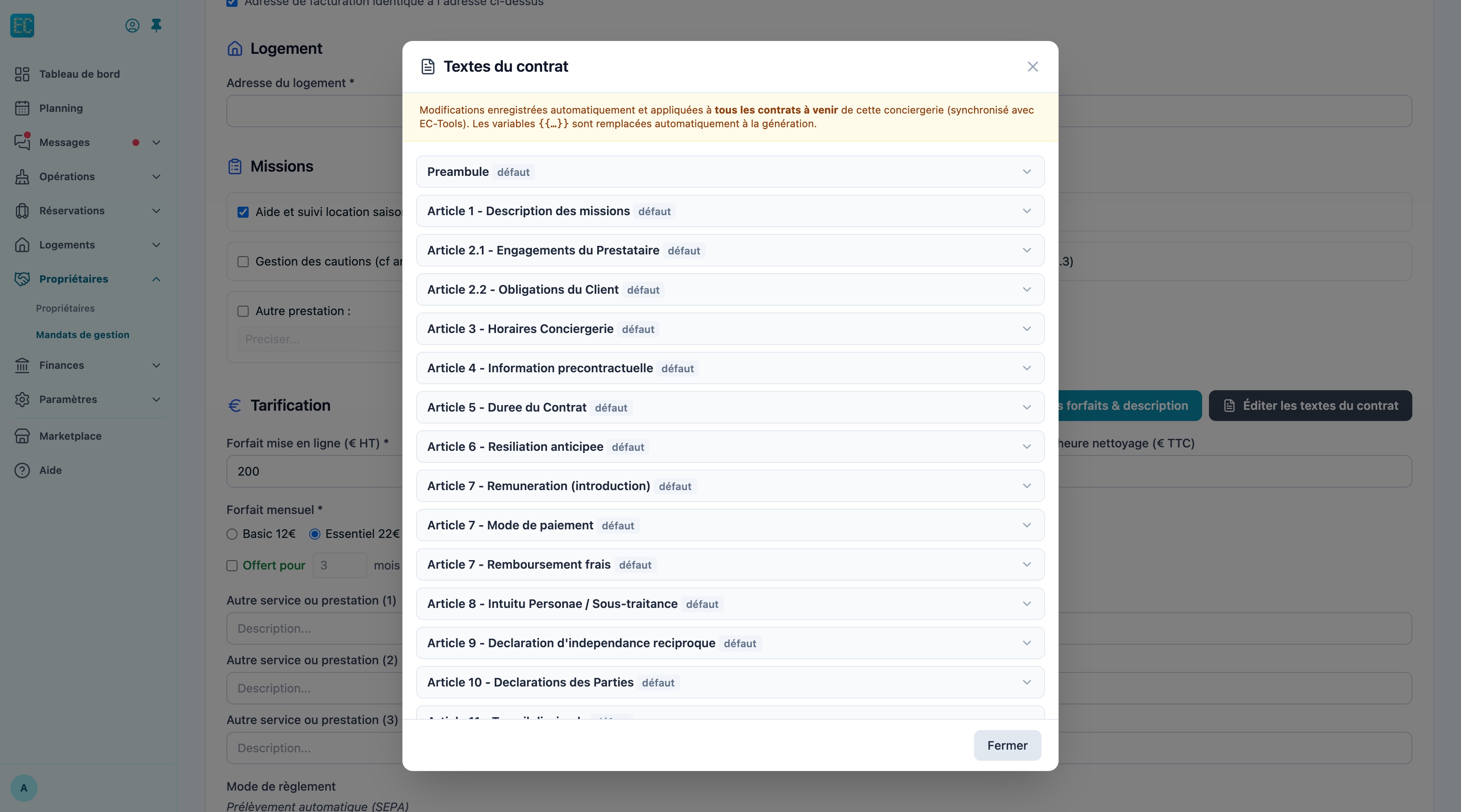 Fenêtre Textes du contrat : liste des articles modifiables