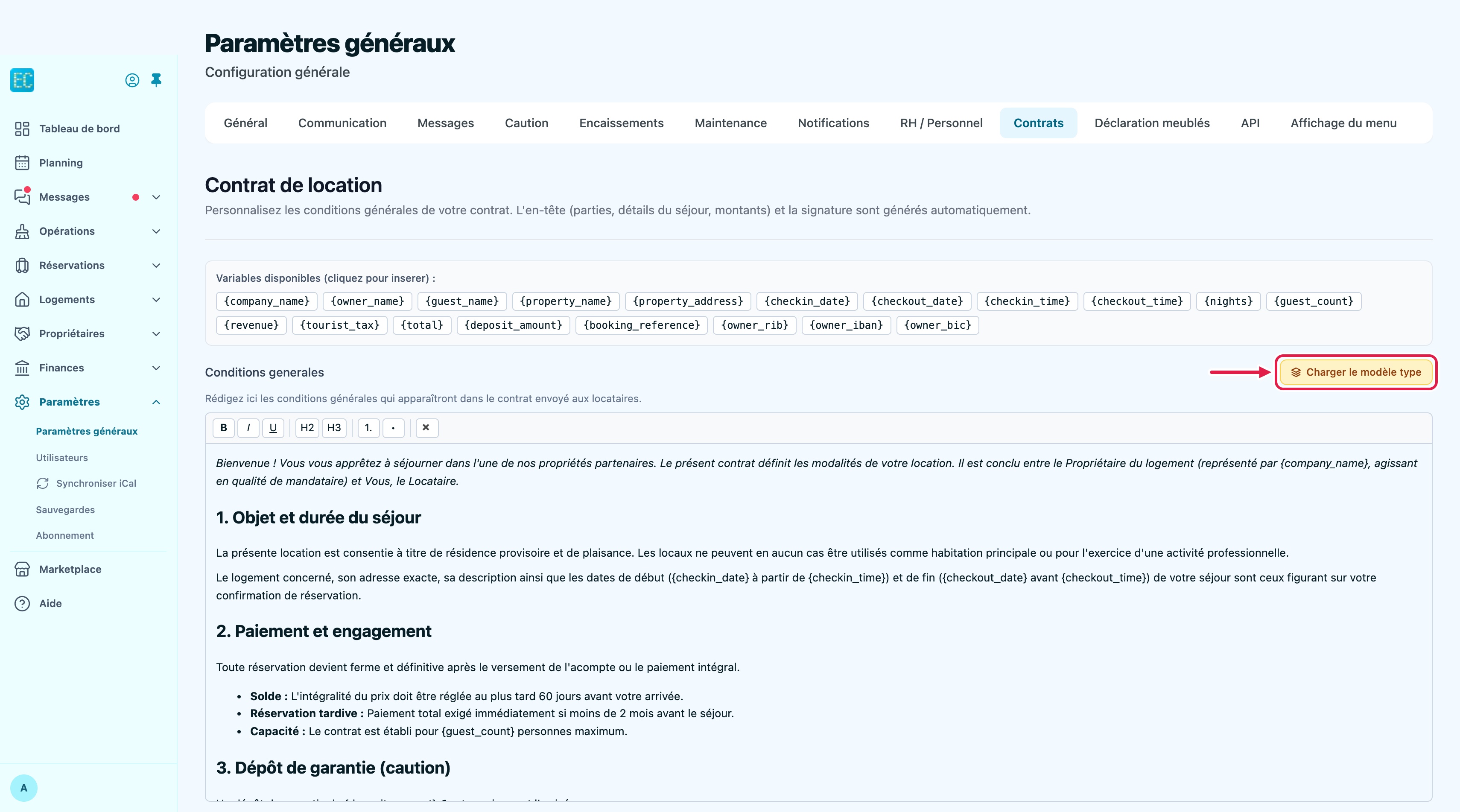 Paramètres, onglet Contrats (dans la barre d'onglets, entre RH / Personnel et Déclaration meublés) : liste des variables cliquables, bouton « Charger le modèle type » encadré et éditeur rempli avec le modèle type