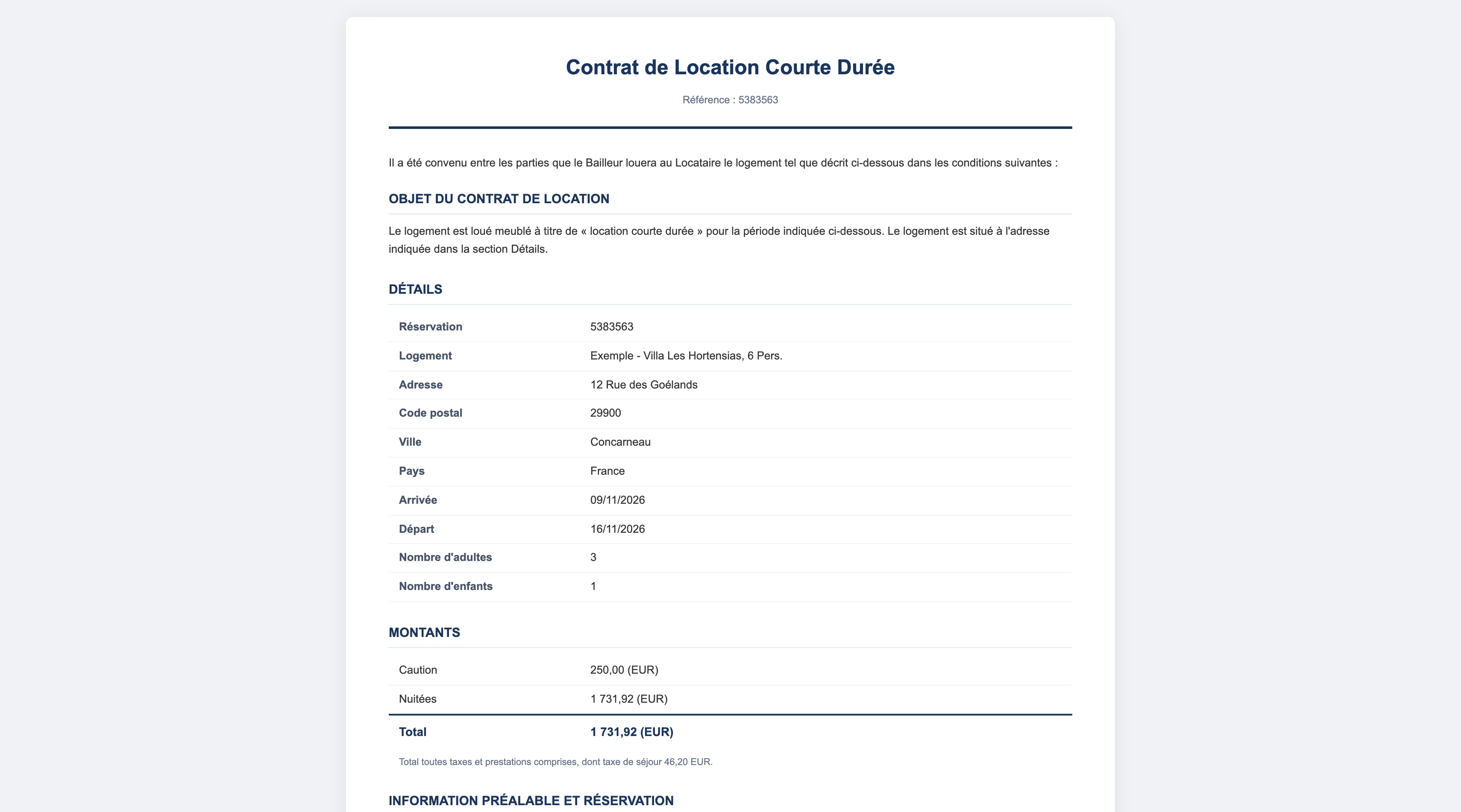 Aperçu d'un contrat d'exemple : titre Contrat de Location Courte Durée, tableau Détails et tableau Montants avec caution, nuitées, total et mention de la taxe de séjour comprise
