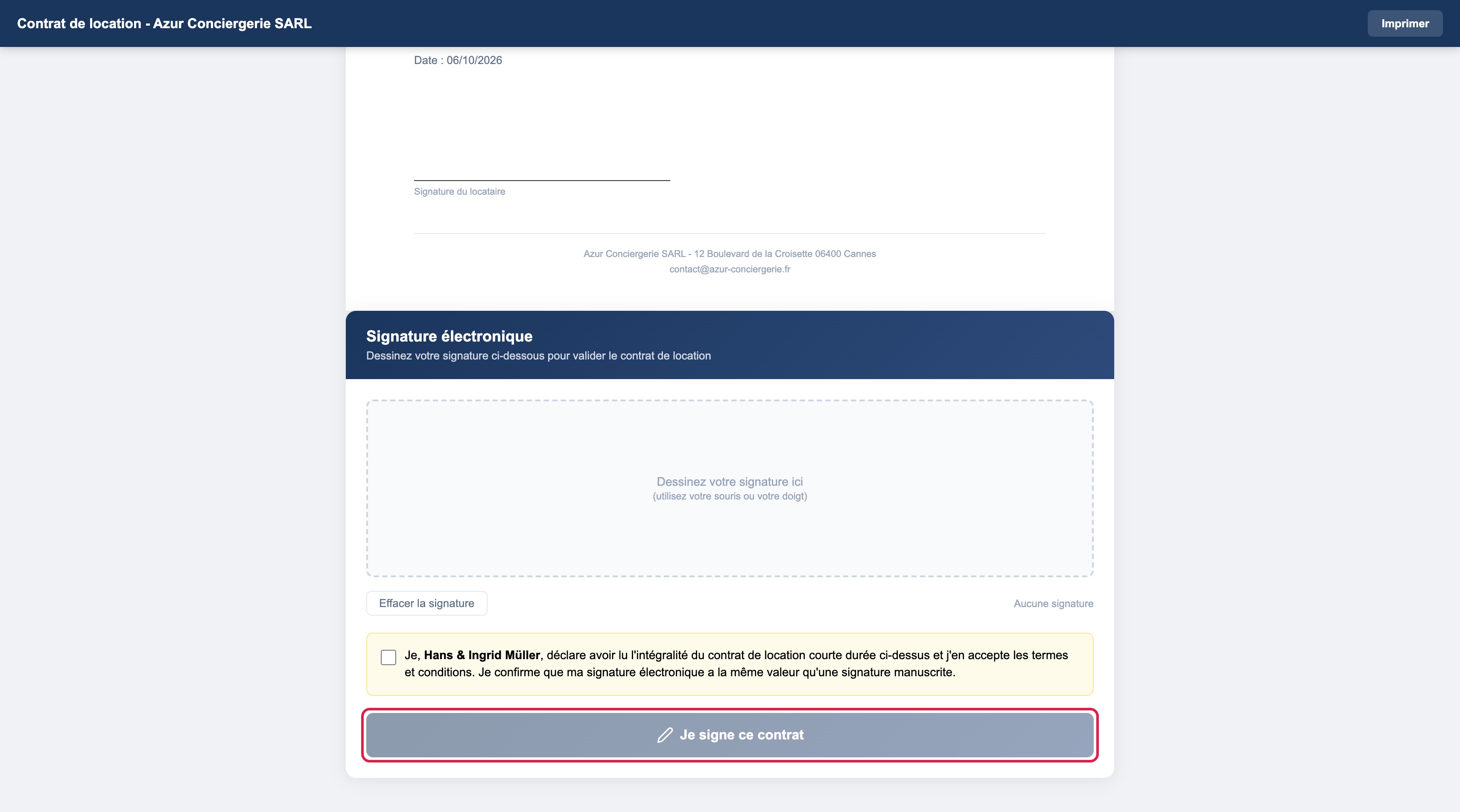 Page du contrat côté voyageur : panneau de signature électronique avec cadre de dessin, case d'acceptation et bouton « Je signe ce contrat » encadré