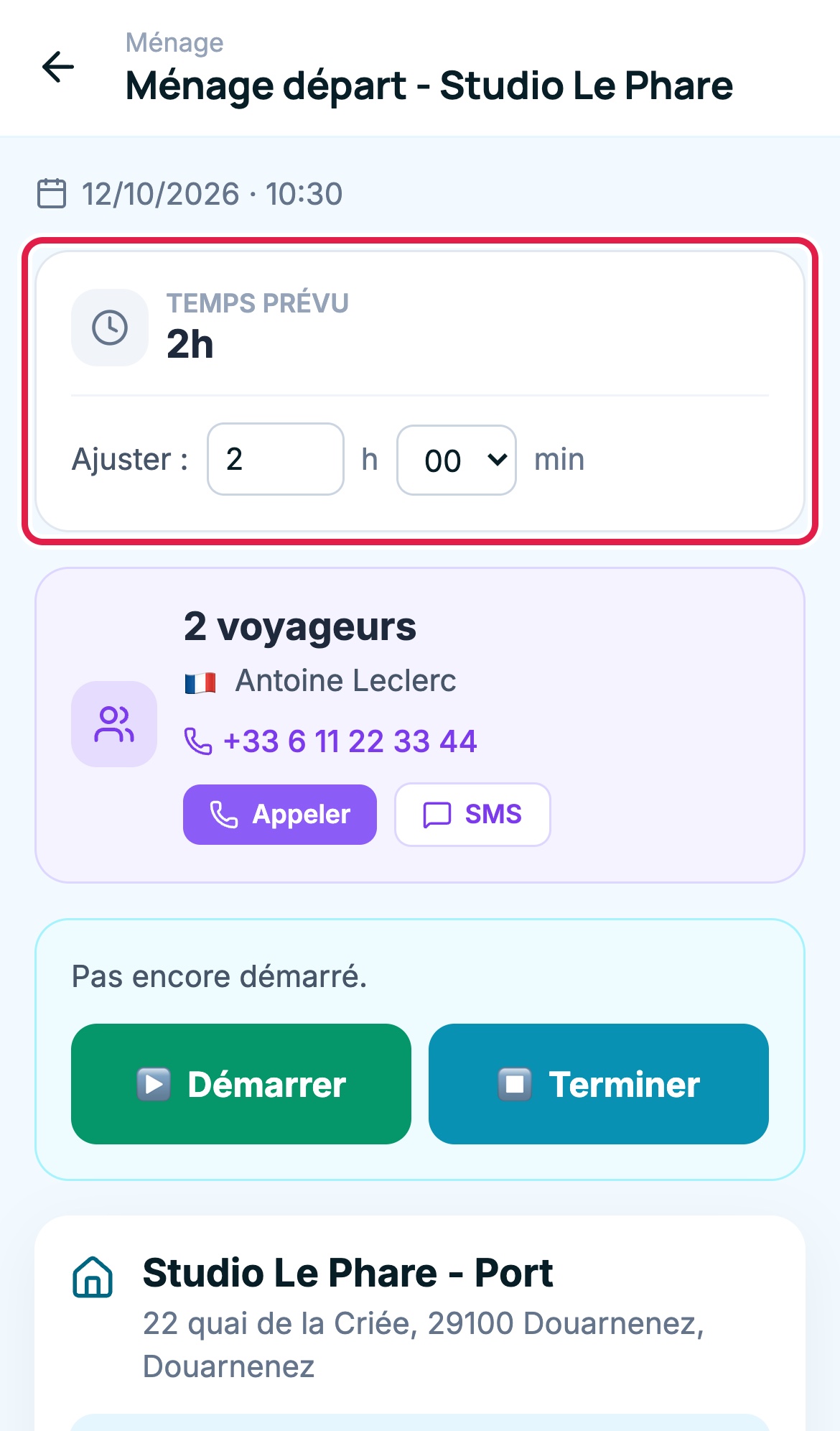Fiche mission sur téléphone, vue par un administrateur : bloc Temps prévu 2h avec la ligne Ajuster en heures et minutes, puis les boutons Démarrer et Terminer