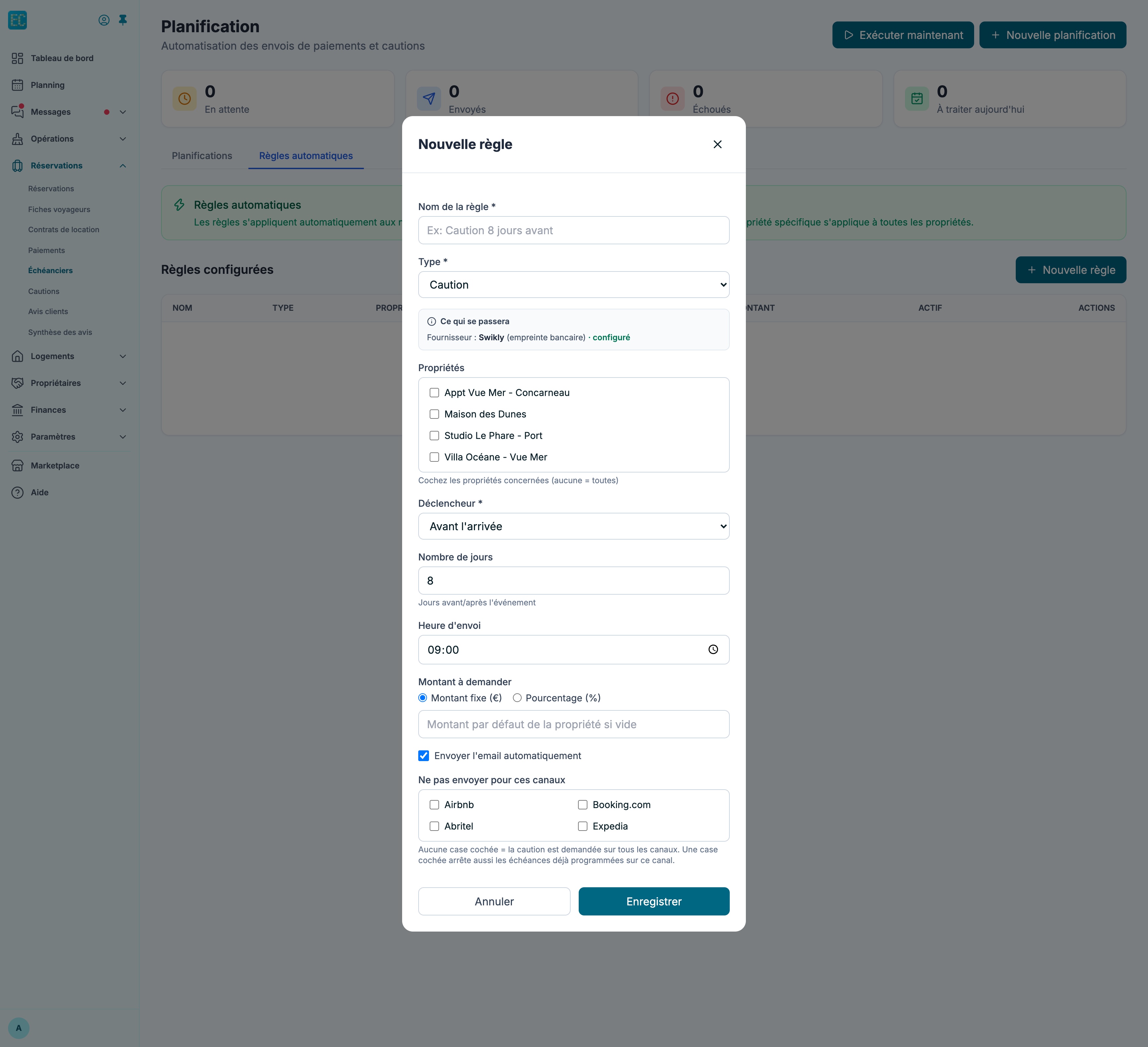 Fenêtre Nouvelle règle de type Caution : nom, type, encadré Ce qui se passera, propriétés, déclencheur, nombre de jours, heure d'envoi, montant, envoi de l'email et canaux exclus