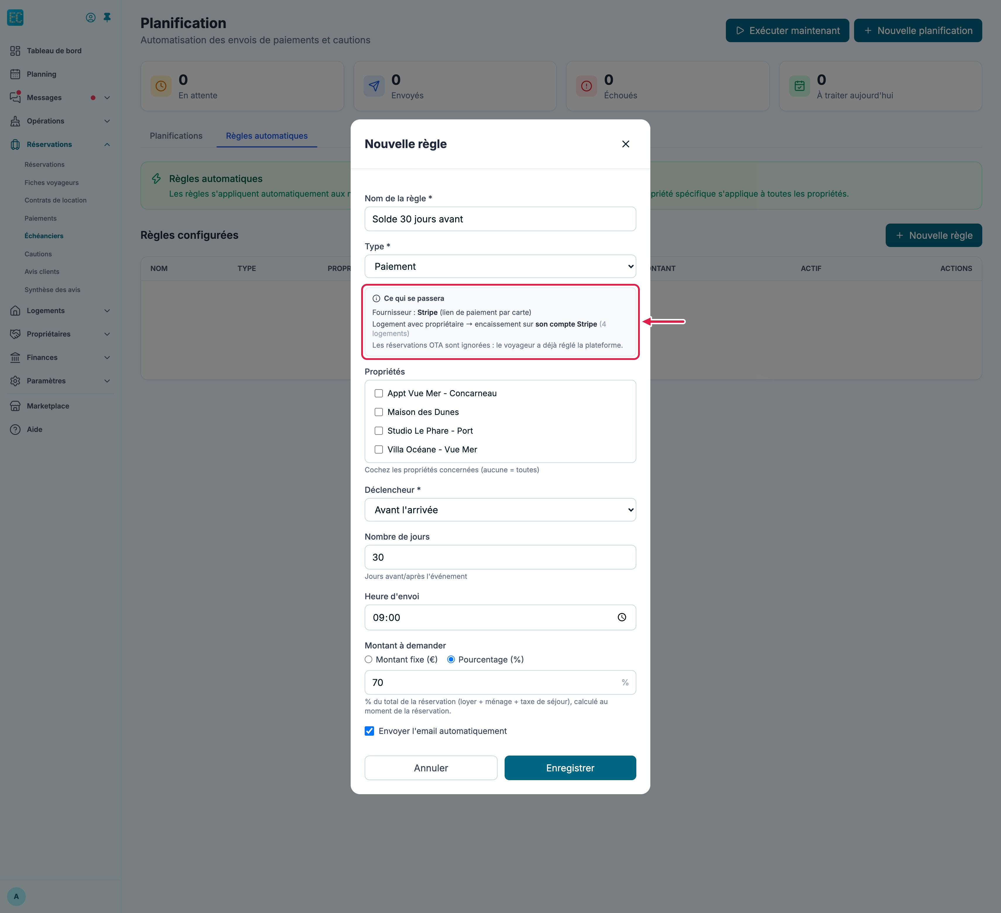 Fenêtre Nouvelle règle de type Paiement en pourcentage, encadré Ce qui se passera mis en évidence : Stripe, compte du propriétaire, mention « Les réservations OTA sont ignorées »