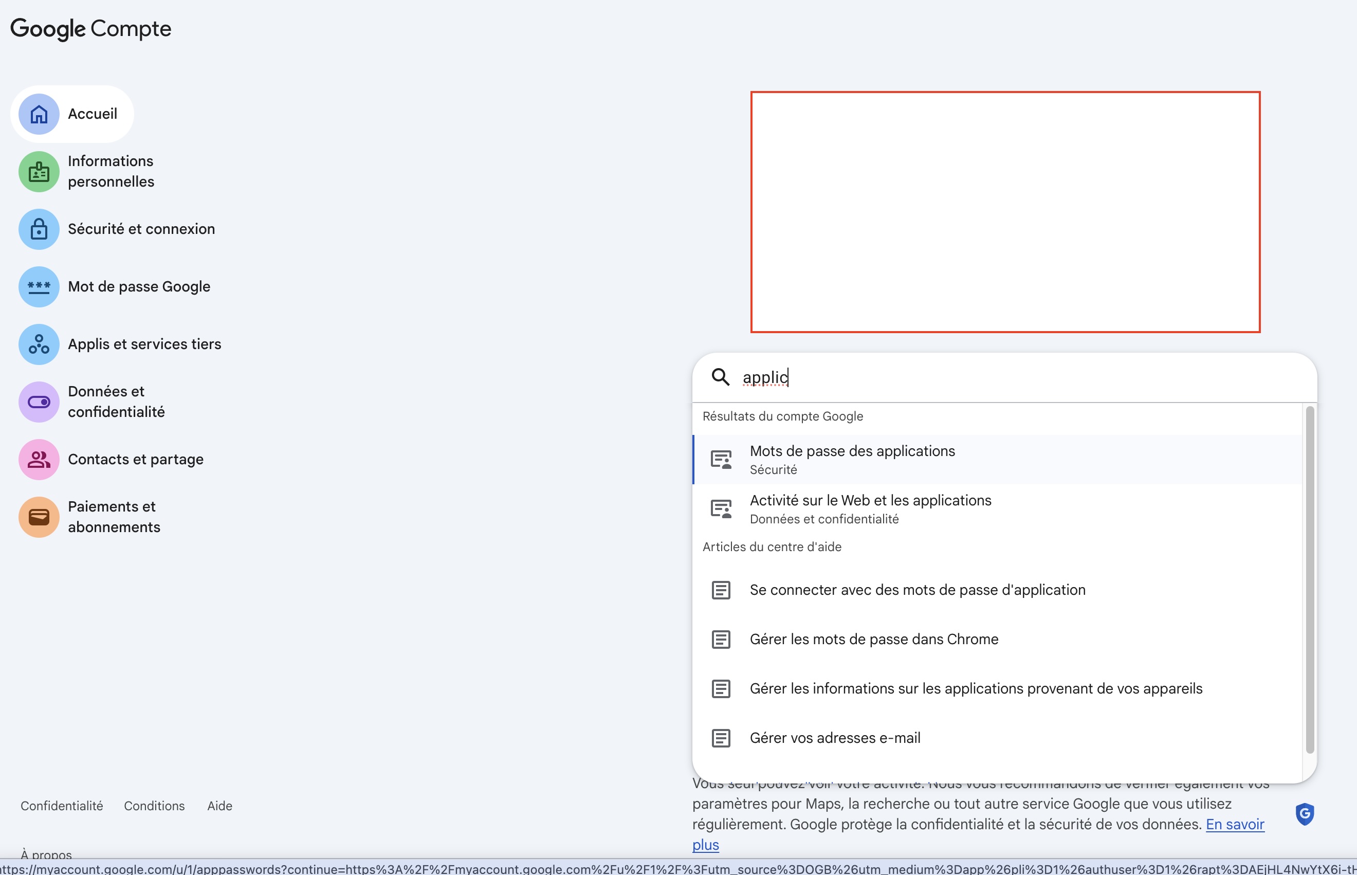Accès aux mots de passe d'application dans un compte Google