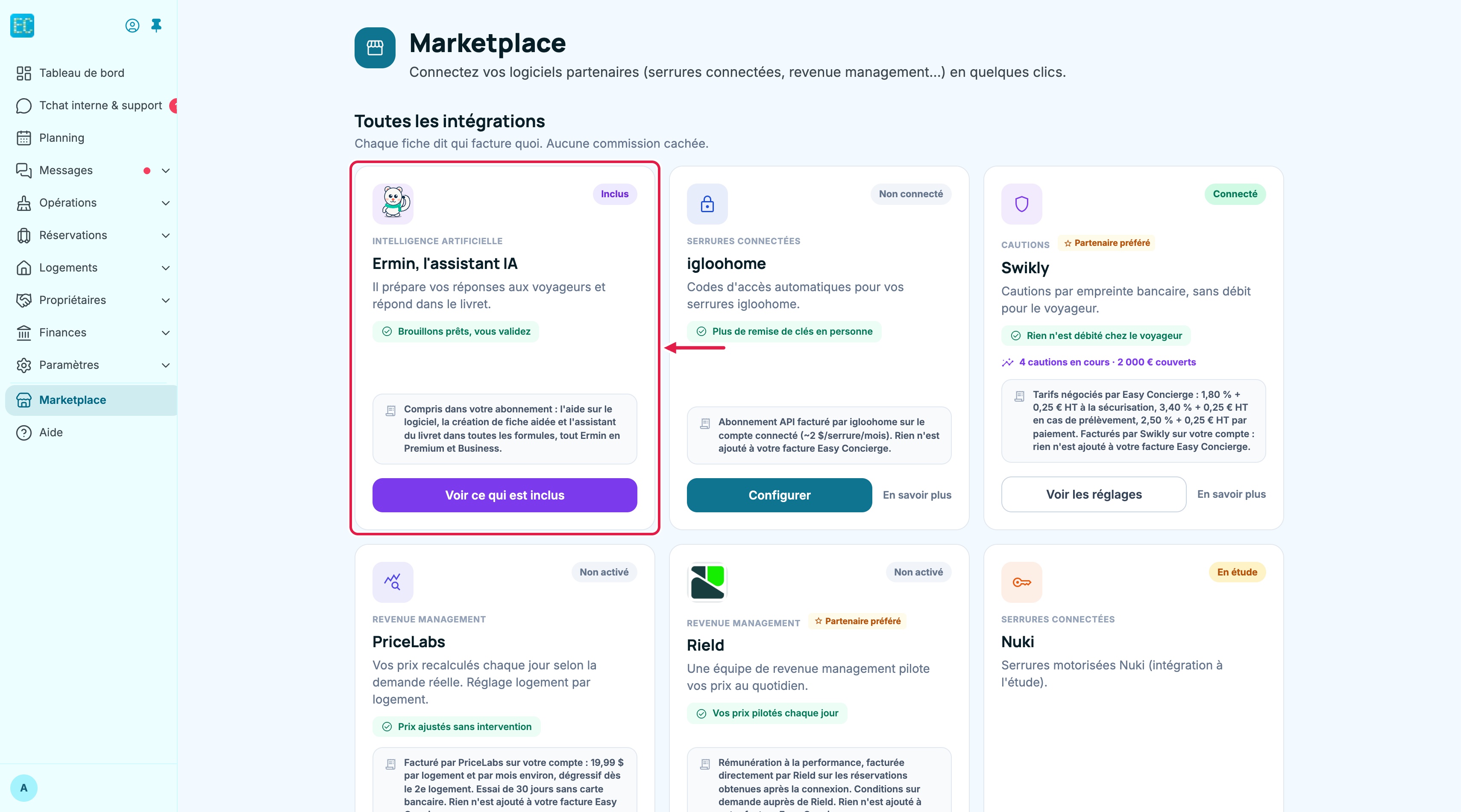 Écran Marketplace : la carte « Ermin, l'assistant IA » encadrée en tête du catalogue, catégorie Intelligence artificielle