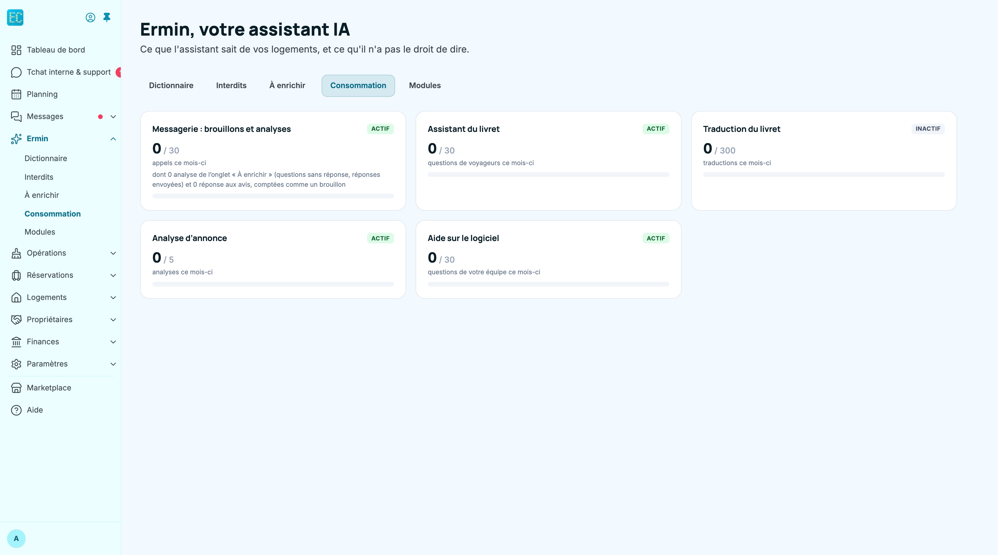 Onglet Consommation : une carte par module compris dans la formule, chacune avec son compteur du mois, sa barre de progression et le badge ACTIF ou INACTIF
