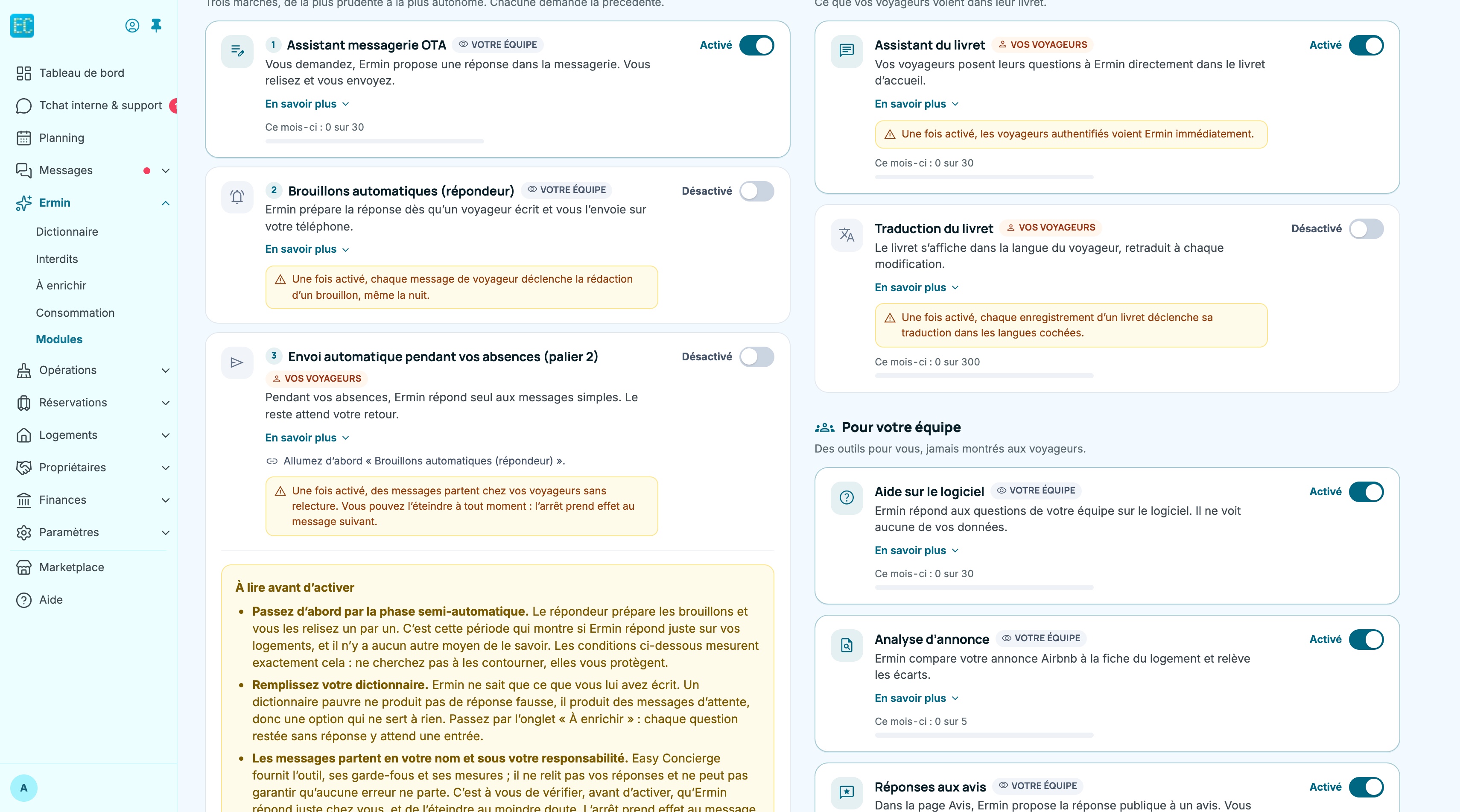 Onglet Modules, suite : groupe Livret d'accueil avec Assistant du livret (Activé) et Traduction du livret (Désactivé), puis groupe Pour votre équipe avec Aide sur le logiciel et Analyse d'annonce (Activés), chaque carte avec sa phrase, son public, son encadré « En savoir plus » et sa consommation du mois