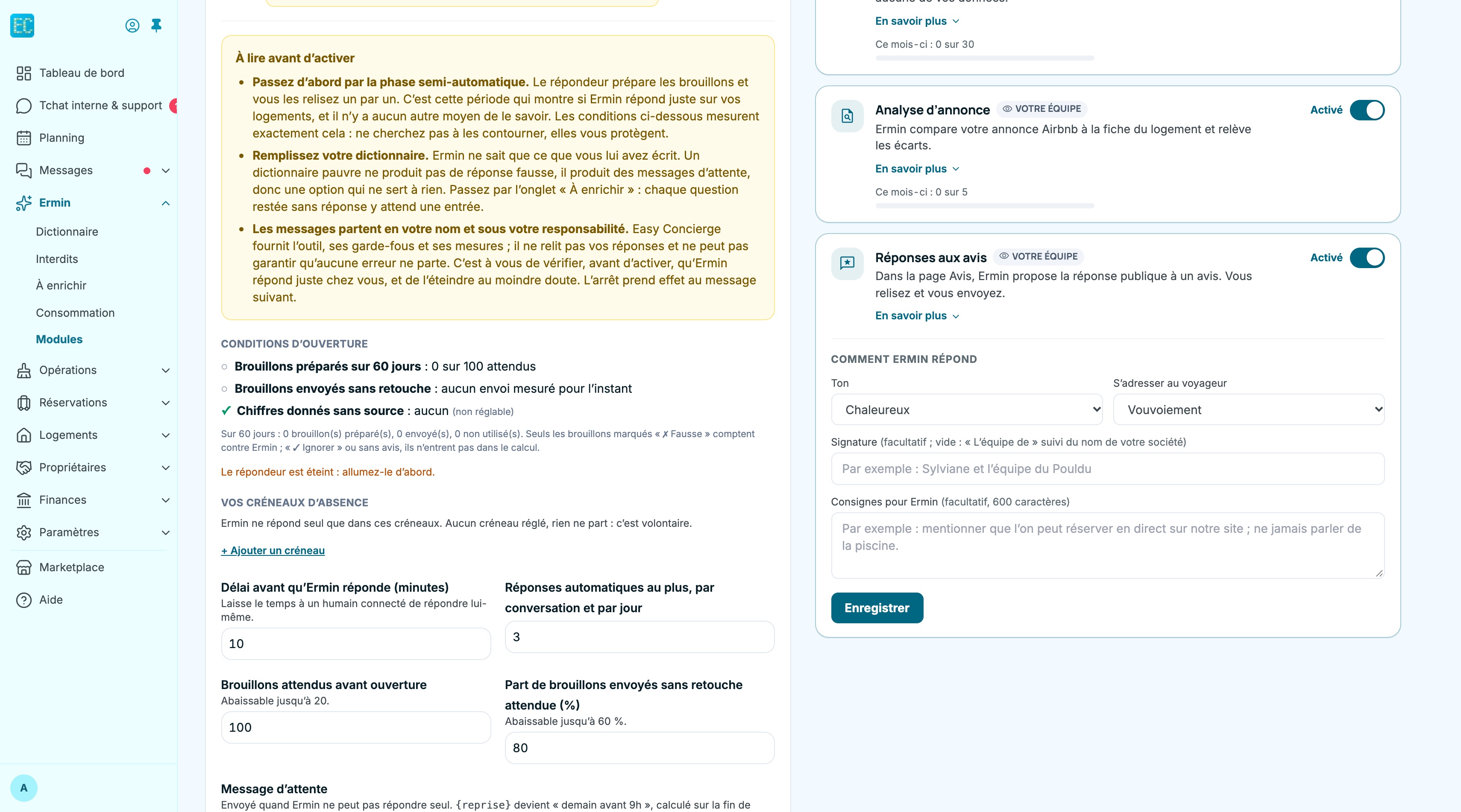 Onglet Modules, réglages de l'envoi automatique : encadré « À lire avant d'activer », Conditions d'ouverture (brouillons préparés sur 60 jours, brouillons envoyés sans retouche, chiffres donnés sans source), Vos créneaux d'absence avec « + Ajouter un créneau », puis les champs « Délai avant qu'Ermin réponde (minutes) » à 10 et « Réponses automatiques au plus, par conversation et par jour » à 3