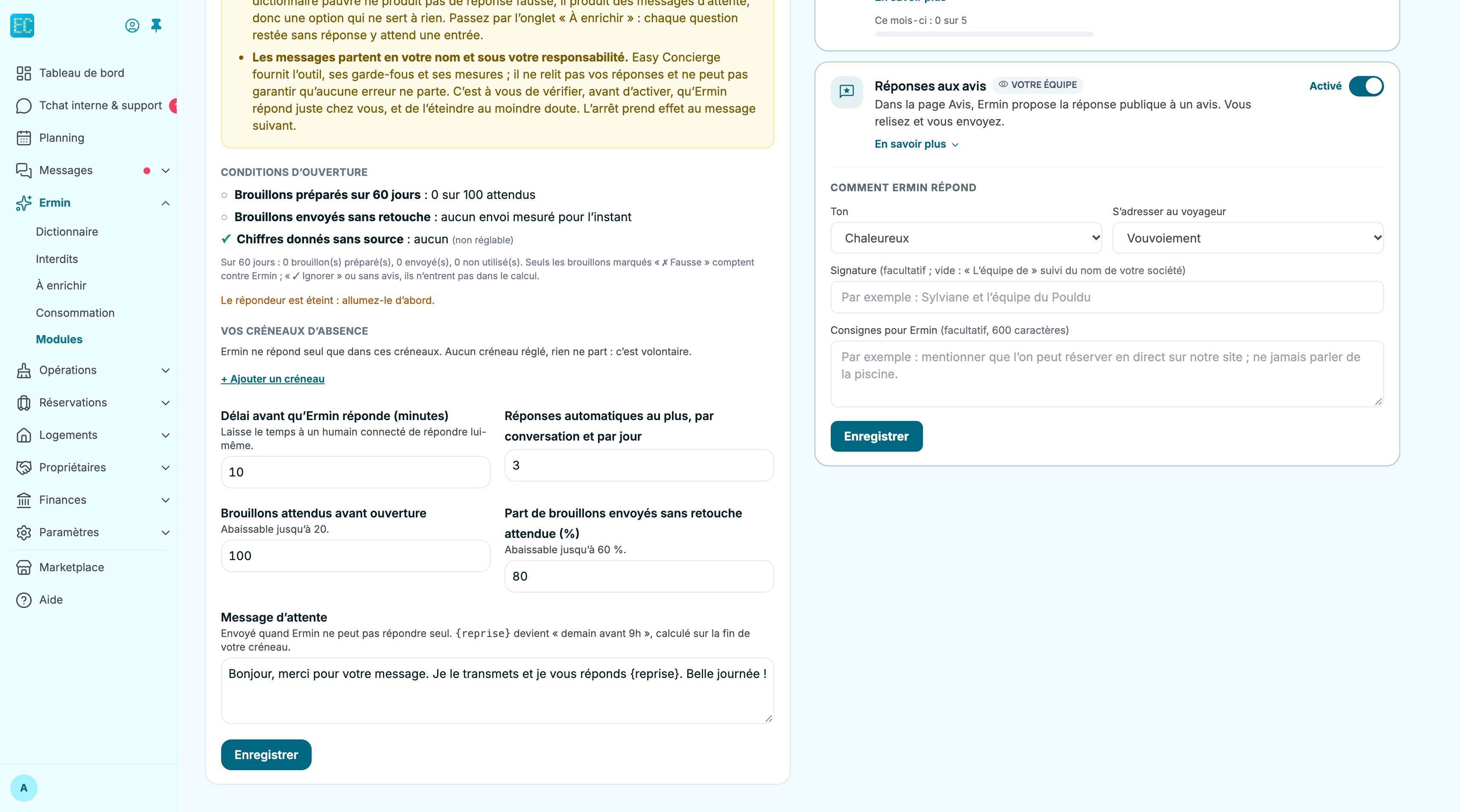 Carte « Réponses aux avis » (Activé) du groupe Pour votre équipe, avec le bloc « Comment Ermin répond » : menus Ton (Chaleureux) et S'adresser au voyageur (Vouvoiement), champs Signature et Consignes pour Ermin, bouton Enregistrer