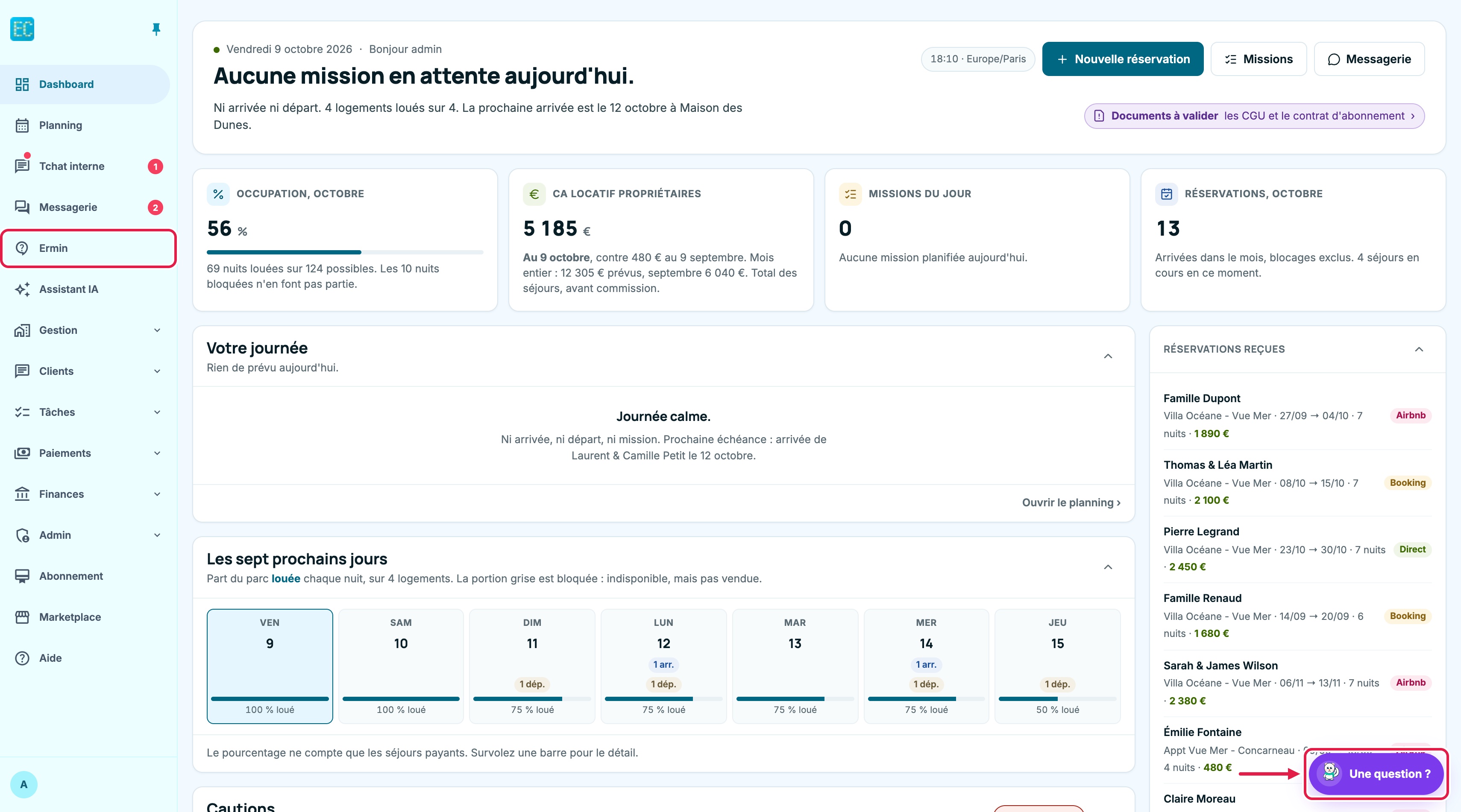 Tableau de bord : l'entrée « Ermin » encadrée dans le menu de gauche, au-dessus d'« Assistant IA », et la pastille violette « Une question ? » encadrée en bas à droite de l'écran