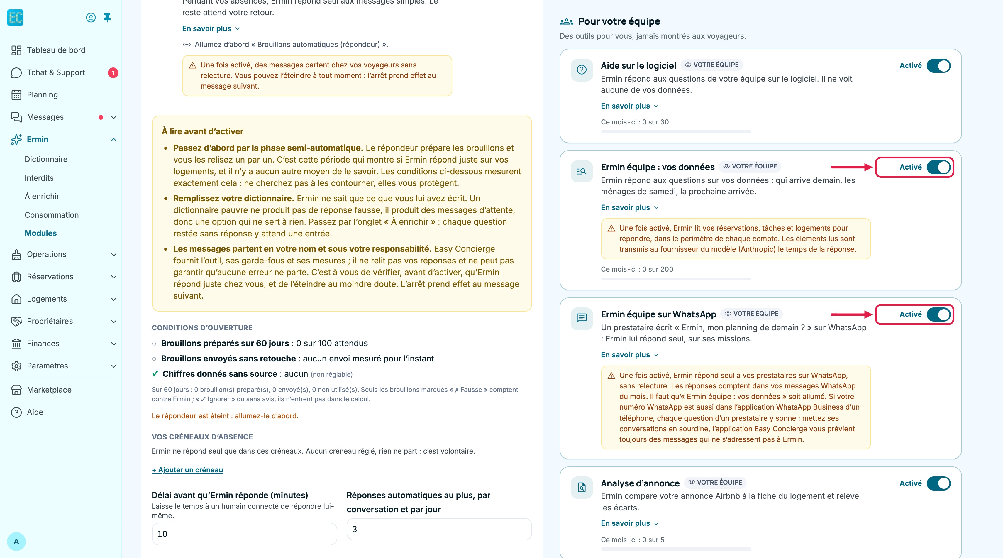 Ermin > Modules, groupe « Pour votre équipe » : sous « Aide sur le logiciel », les cartes « Ermin équipe : vos données » et « Ermin équipe sur WhatsApp », chacune avec son avertissement et son interrupteur sur Activé, encadré ; la première affiche « Ce mois-ci : 0 sur 200 »