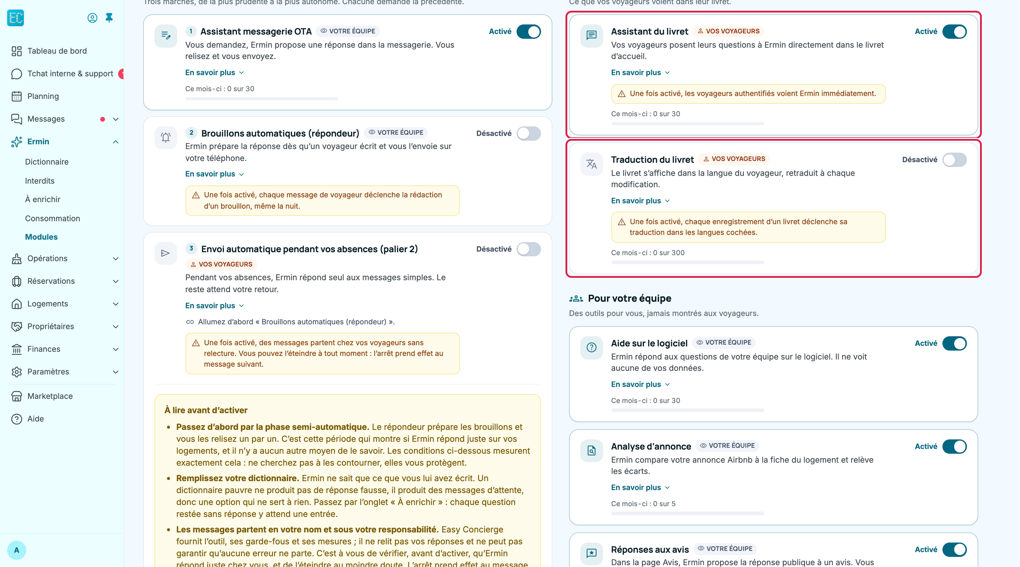 Ermin, onglet Modules : les cartes « Assistant du livret » (Activé, avertissement « Une fois activé, les voyageurs authentifiés voient Ermin immédiatement. », ce mois-ci 0 sur 30) et « Traduction du livret » (Désactivé, avertissement sur la traduction à chaque enregistrement, ce mois-ci 0 sur 300) sont encadrées