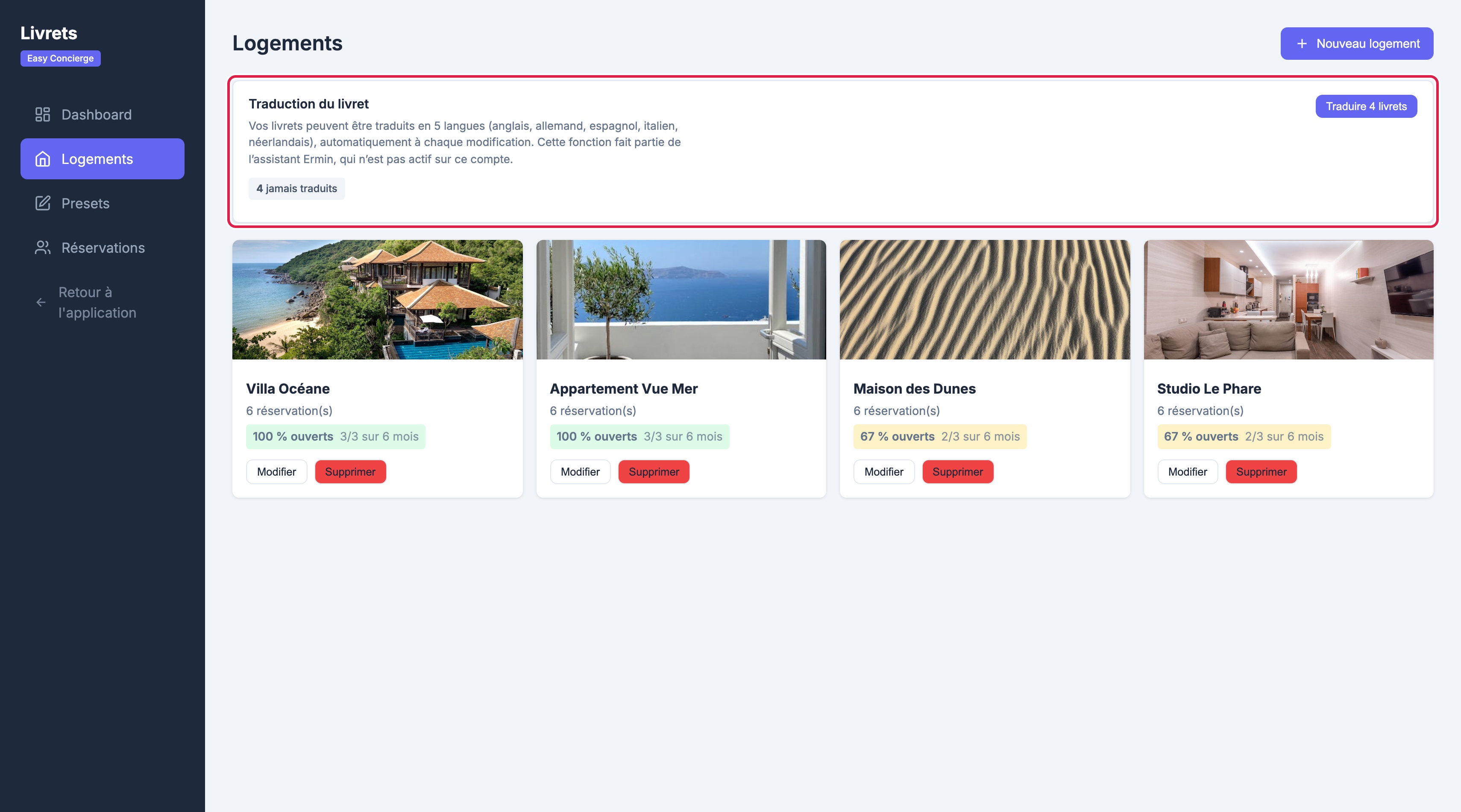 Éditeur des livrets, liste des logements : l'encart « Traduction du livret » est encadré, avec « Traduction automatique en anglais, allemand, espagnol, italien, néerlandais, relancée à chaque modification d'un livret », le compteur « 4 jamais traduits », « Quota mensuel : 0 / 600 traductions » et le bouton « Traduire 4 livrets »