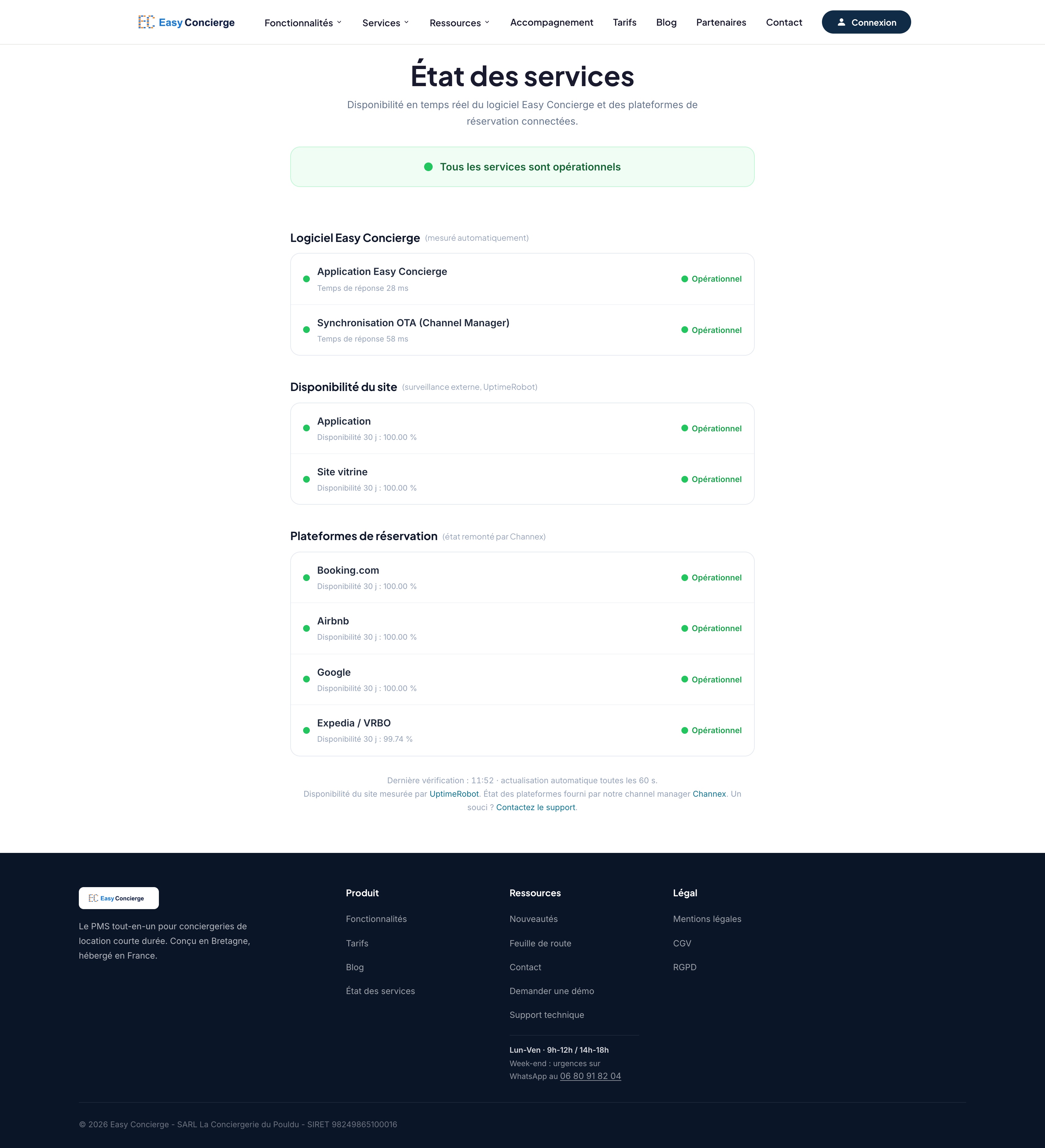 Page État des services : bandeau « Tous les services sont opérationnels », puis les sections Logiciel Easy Concierge, Disponibilité du site et Plateformes de réservation, chaque ligne avec sa pastille verte « Opérationnel »