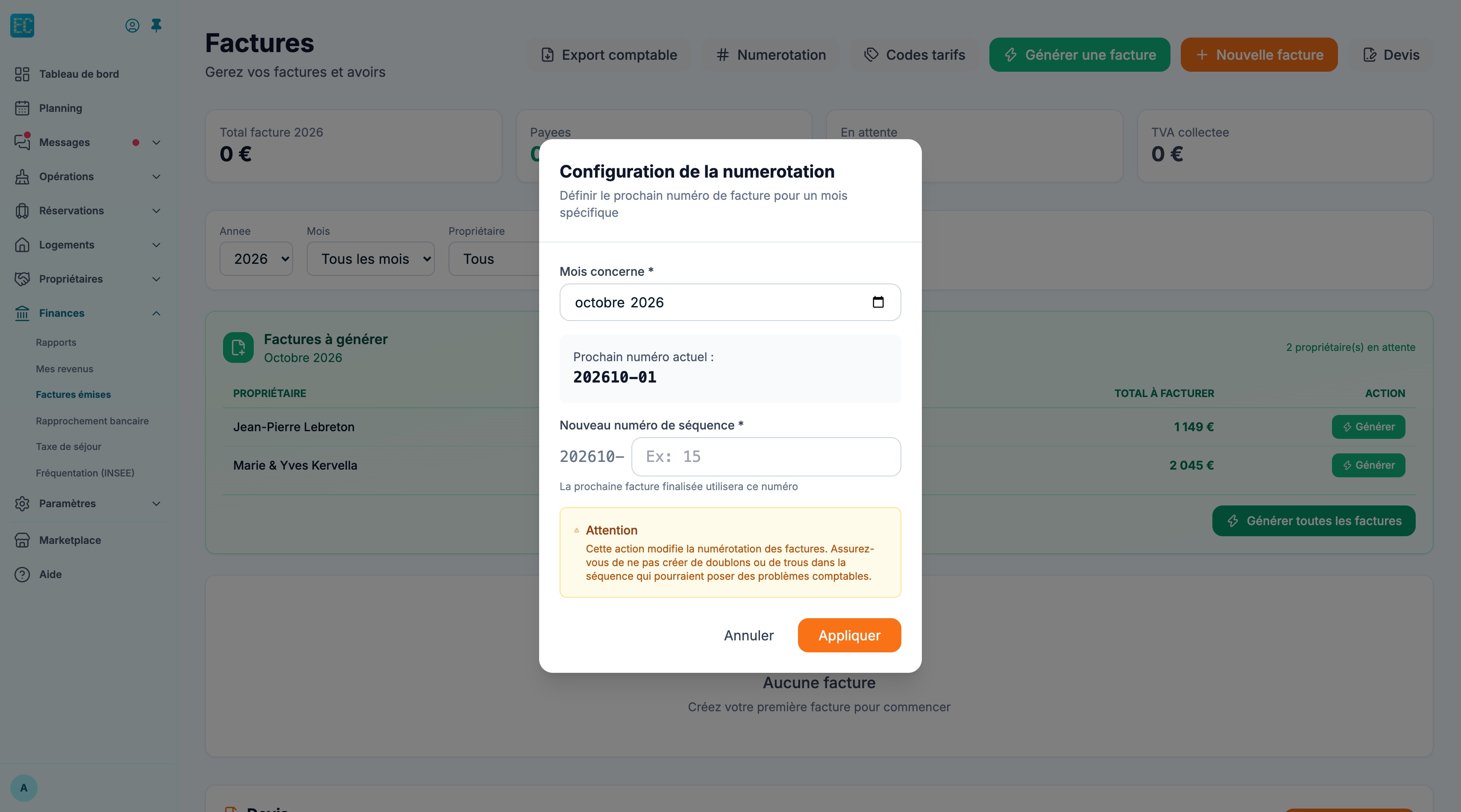 Fenêtre de configuration de la numérotation : mois concerné octobre 2026, prochain numéro actuel 202610-01, champ Nouveau numéro de séquence et avertissement sur les doublons et les trous