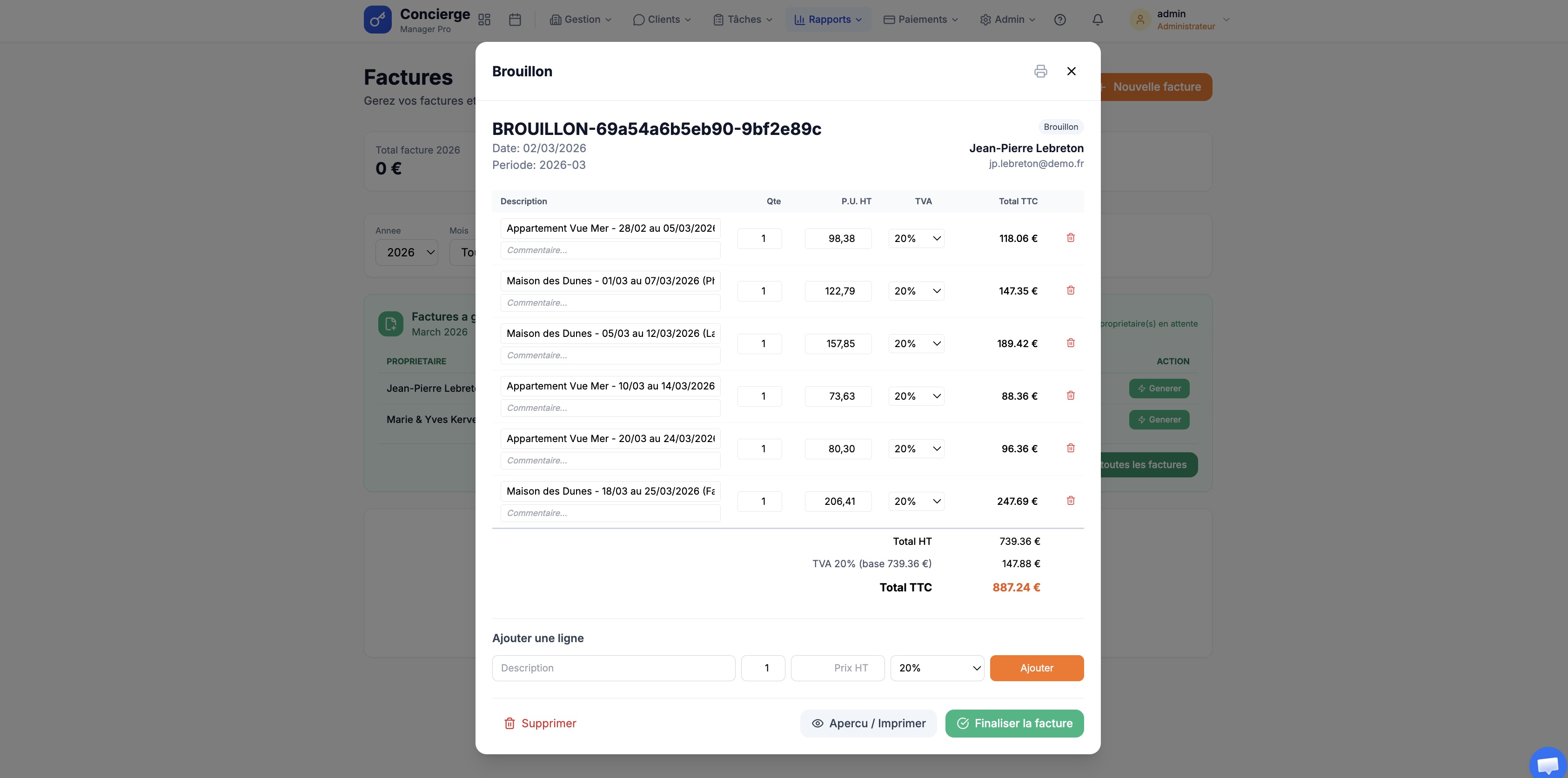 Rendu PDF d'une facture avec TVA et mentions légales