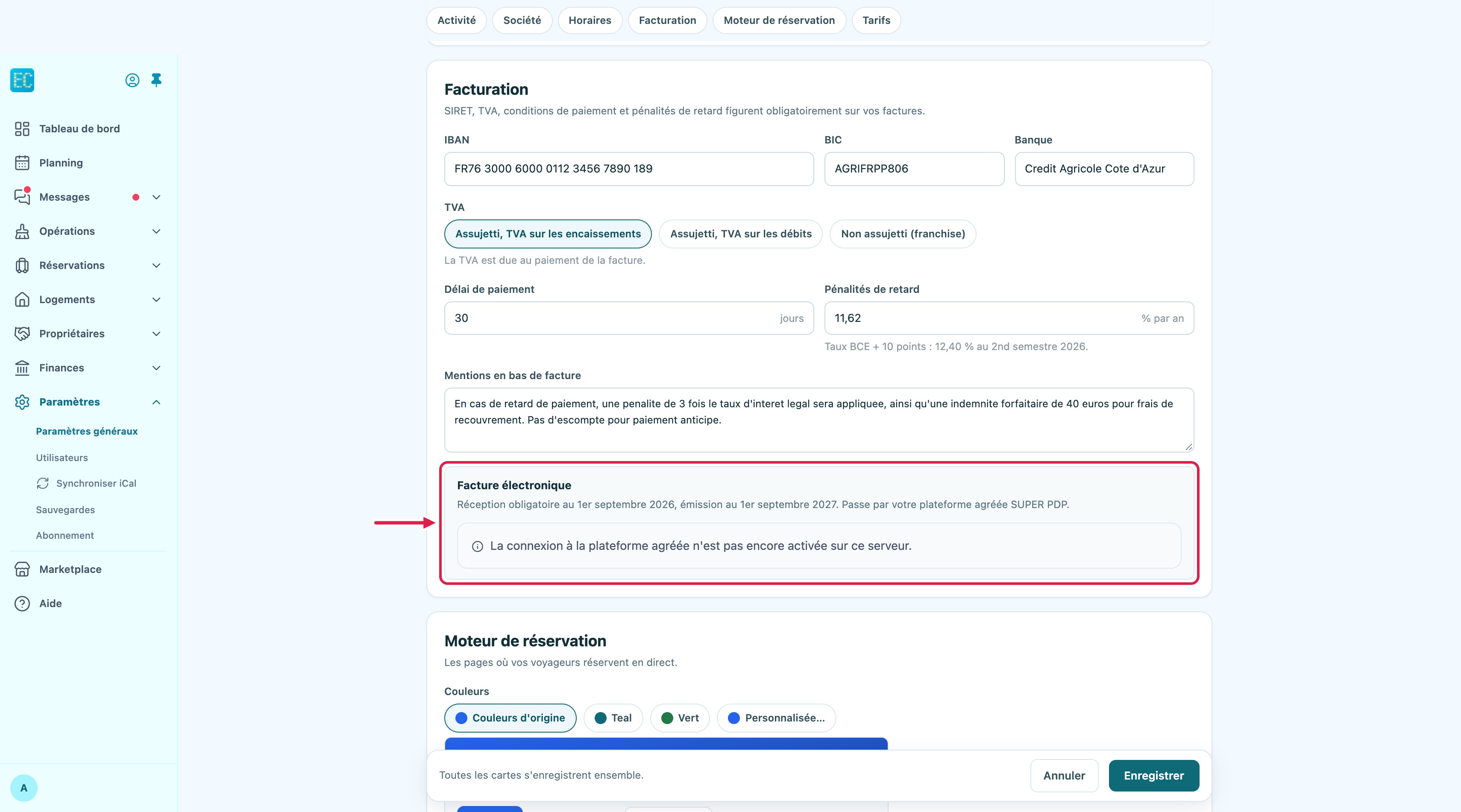 Paramètres, onglet Général, carte Facturation : encart Facture électronique encadré, sous la ligne TVA, le délai de paiement, les pénalités de retard et les mentions en bas de facture ; sur cet espace de démonstration, il affiche le message La connexion à la plateforme agréée n'est pas encore activée sur ce serveur