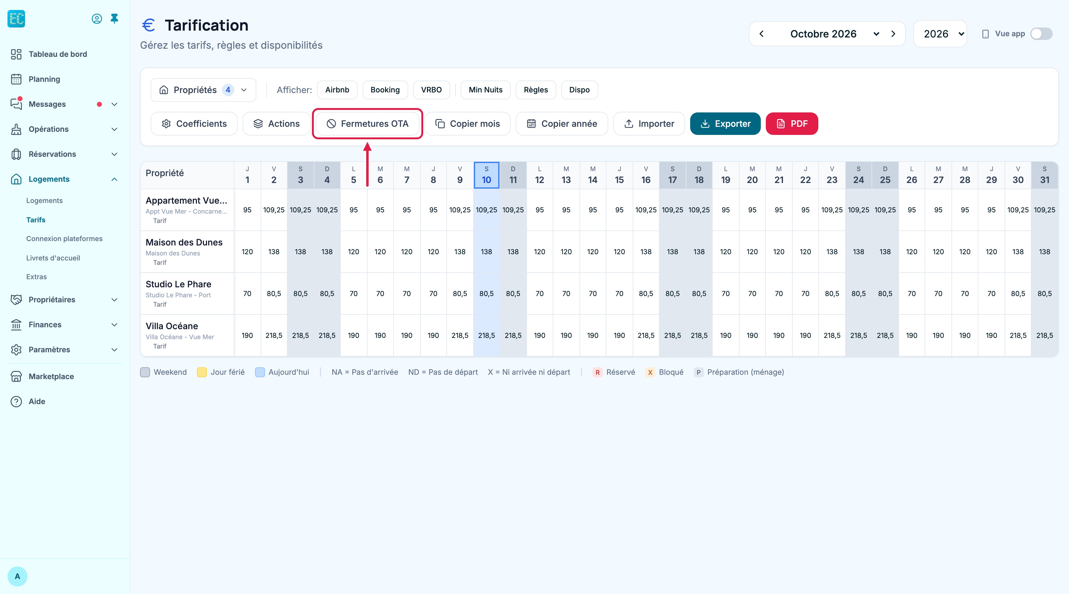 Page des tarifs : bouton Fermetures OTA dans la barre d'outils
