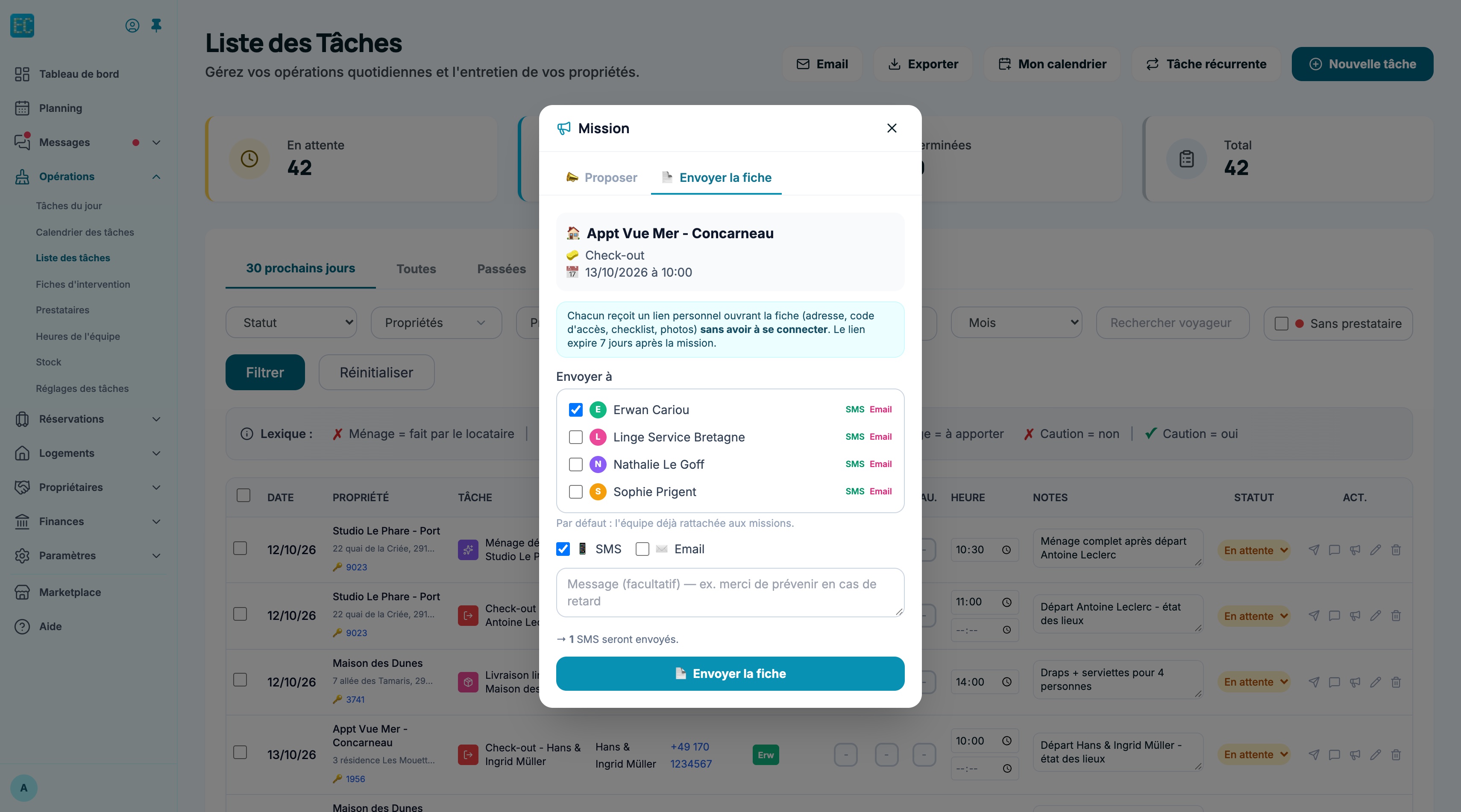 Fenêtre Mission, onglet Envoyer la fiche : récapitulatif de la mission, intervenants avec leurs contacts SMS ou Email, choix SMS ou Email, message facultatif, récapitulatif des envois et bouton Envoyer la fiche