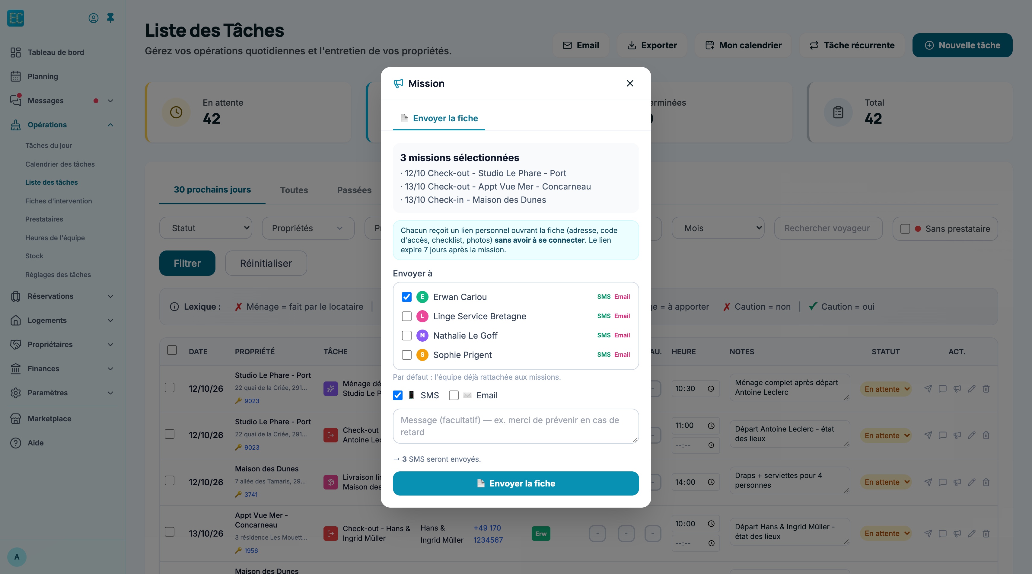 Onglet Envoyer la fiche pour trois missions sélectionnées, avec les intervenants cochés et le récapitulatif des SMS