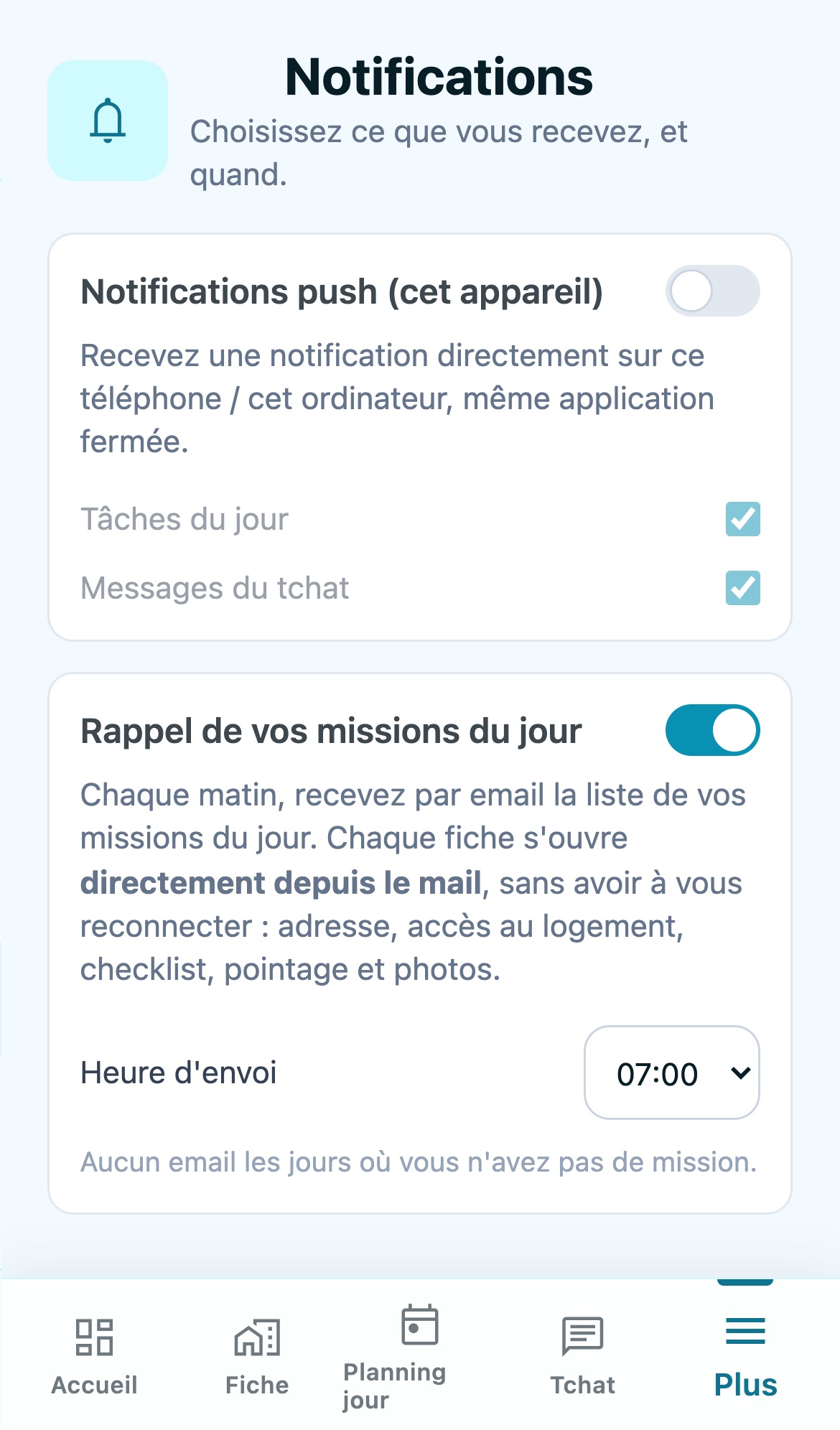 Écran Notifications d'un prestataire sur téléphone : carte Rappel de vos missions du jour avec l'interrupteur et l'heure d'envoi