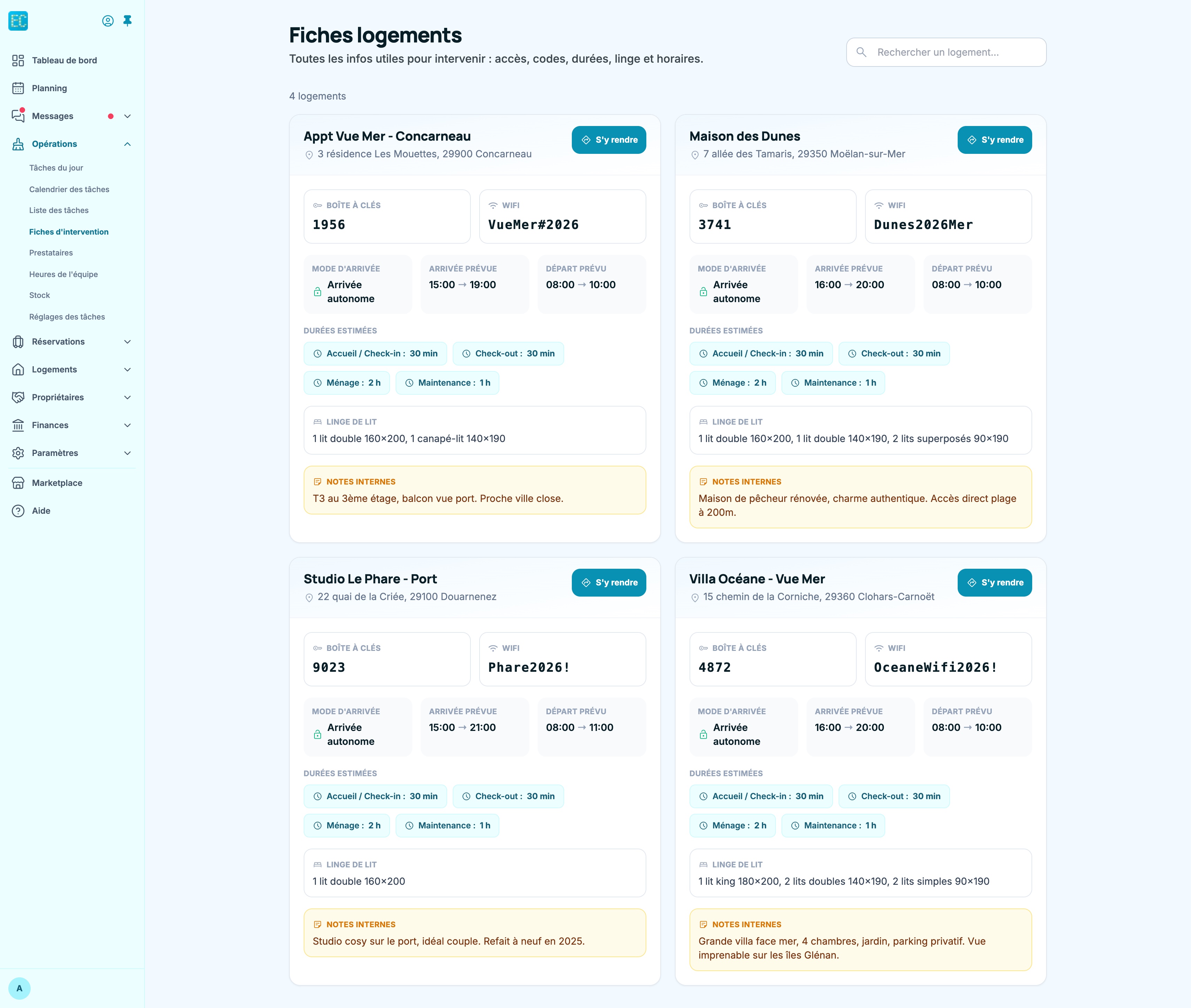 Page Fiches d'intervention sur ordinateur : une carte par logement avec adresse, codes, horaires, durées, linge et notes internes